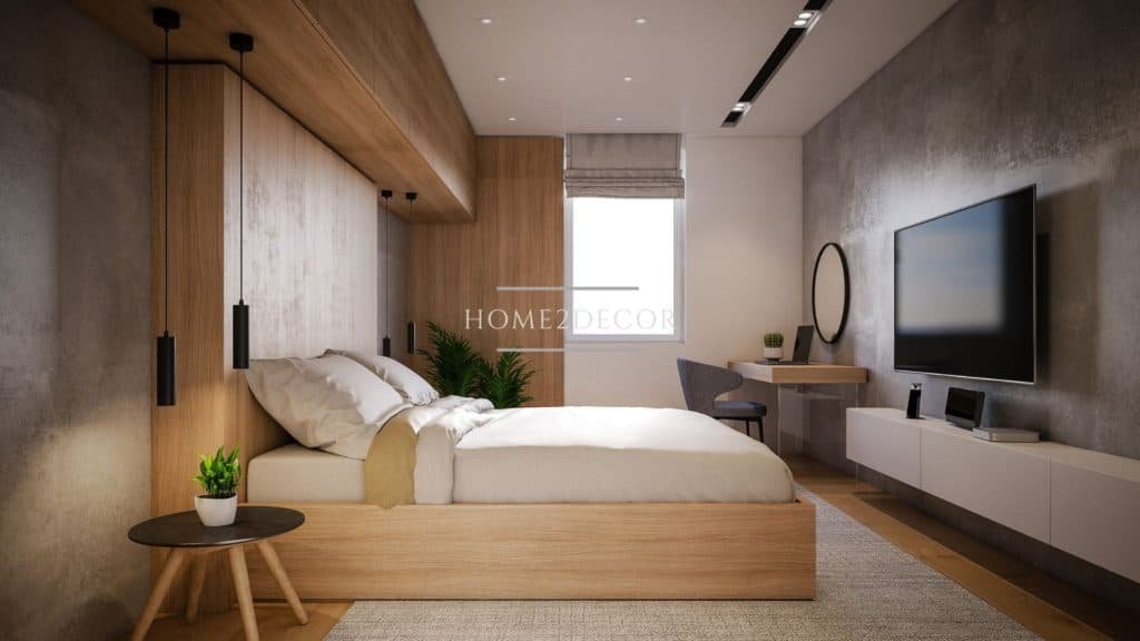 modern bedroom with wall hang tv unit