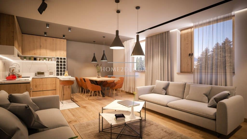 modern living room and kitchen in wallnut laminates