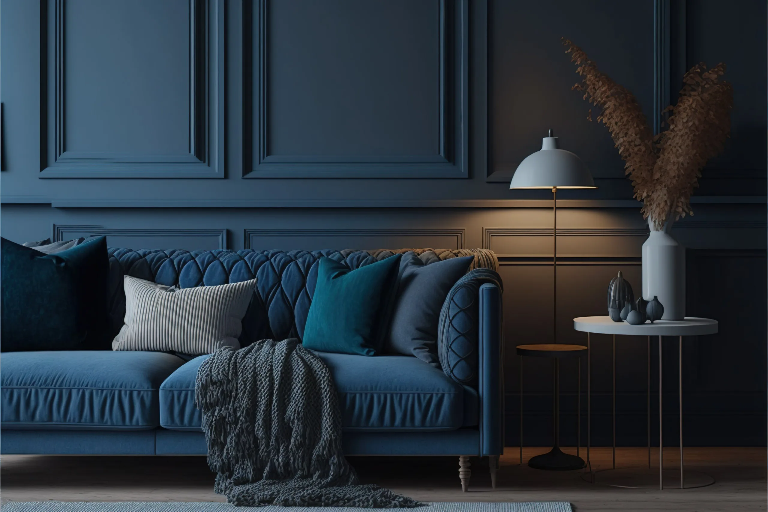 Living room interior with blue color, sofa, table and house plant around