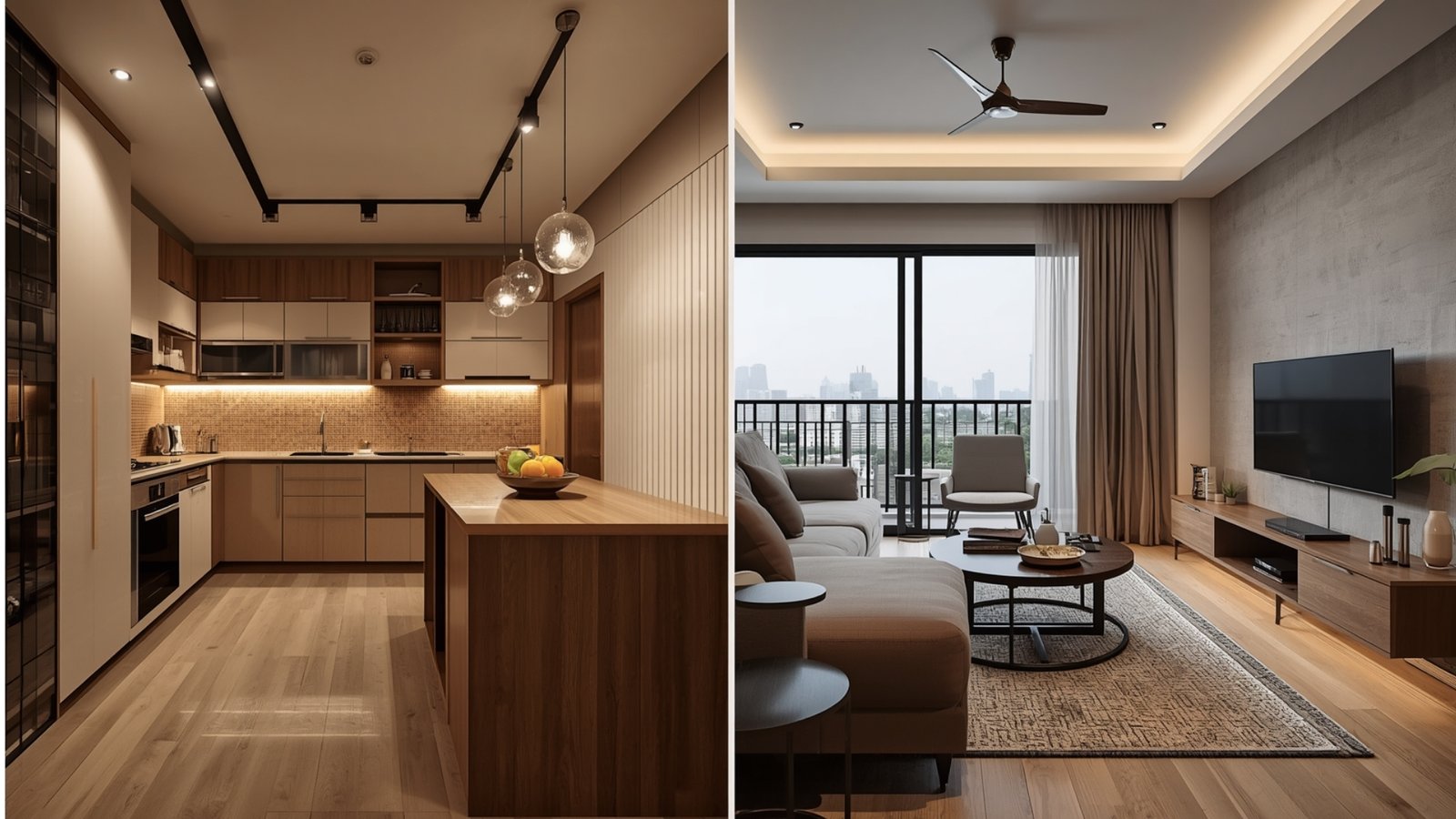 1BHK interior design comparison between Andheri East and Andheri West featuring space-saving furniture, smart storage, and modern décor