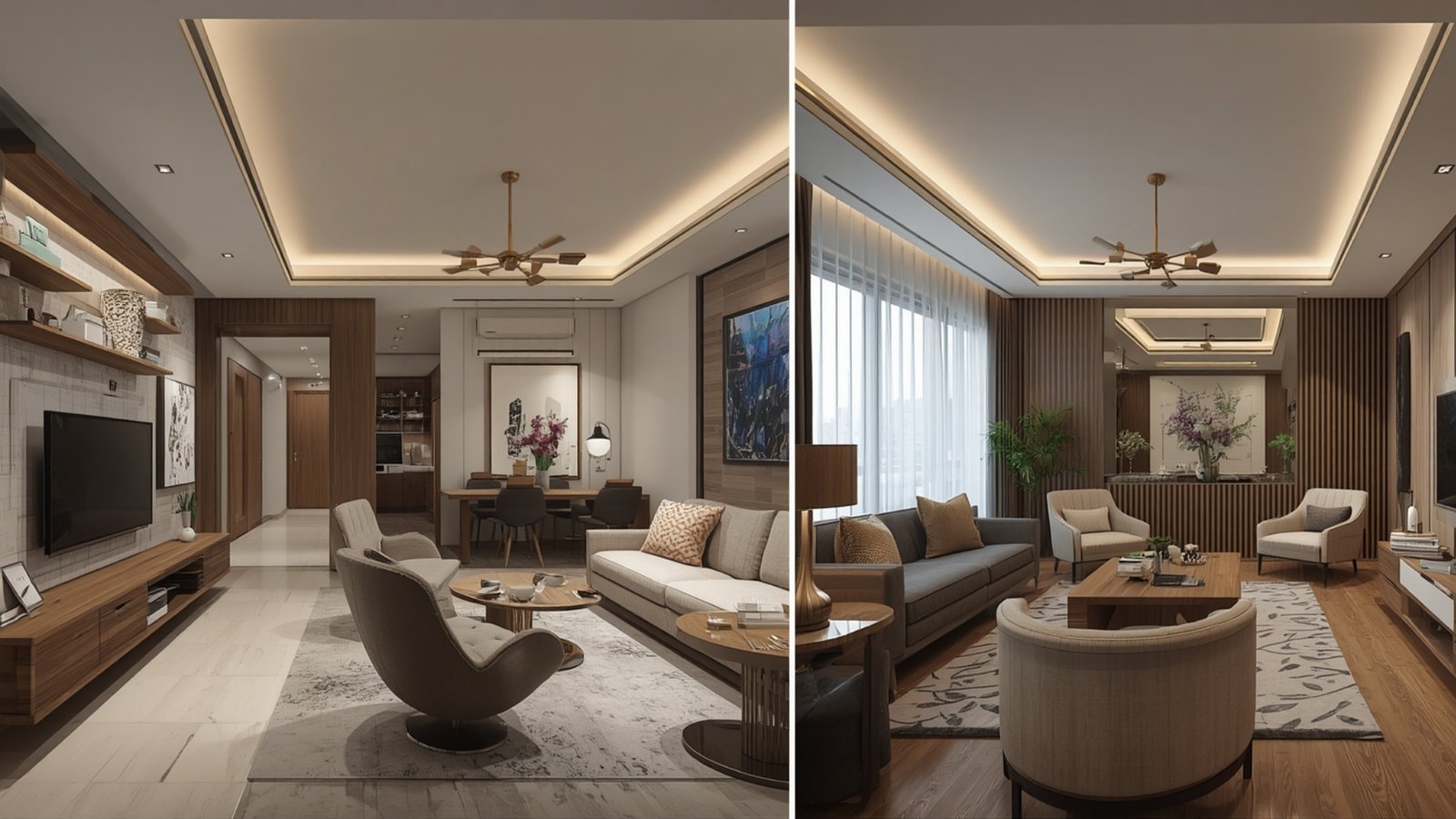 Modern 2BHK apartment interior in Andheri East with multifunctional furniture, vertical storage, light colors, and smart space planning