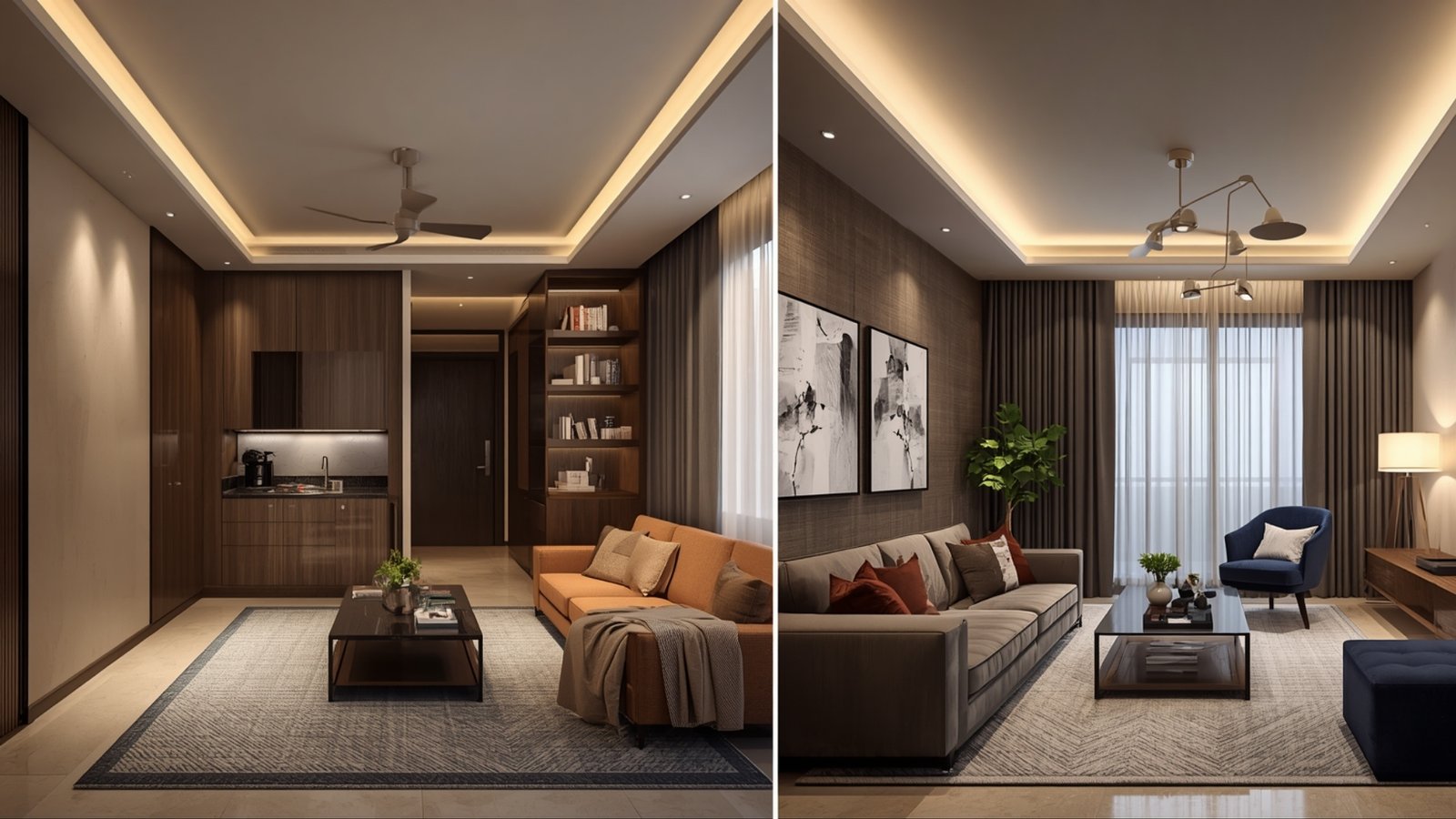 Modern 2BHK interior design in Andheri featuring space-saving furniture, built-in storage, and a compact functional layout