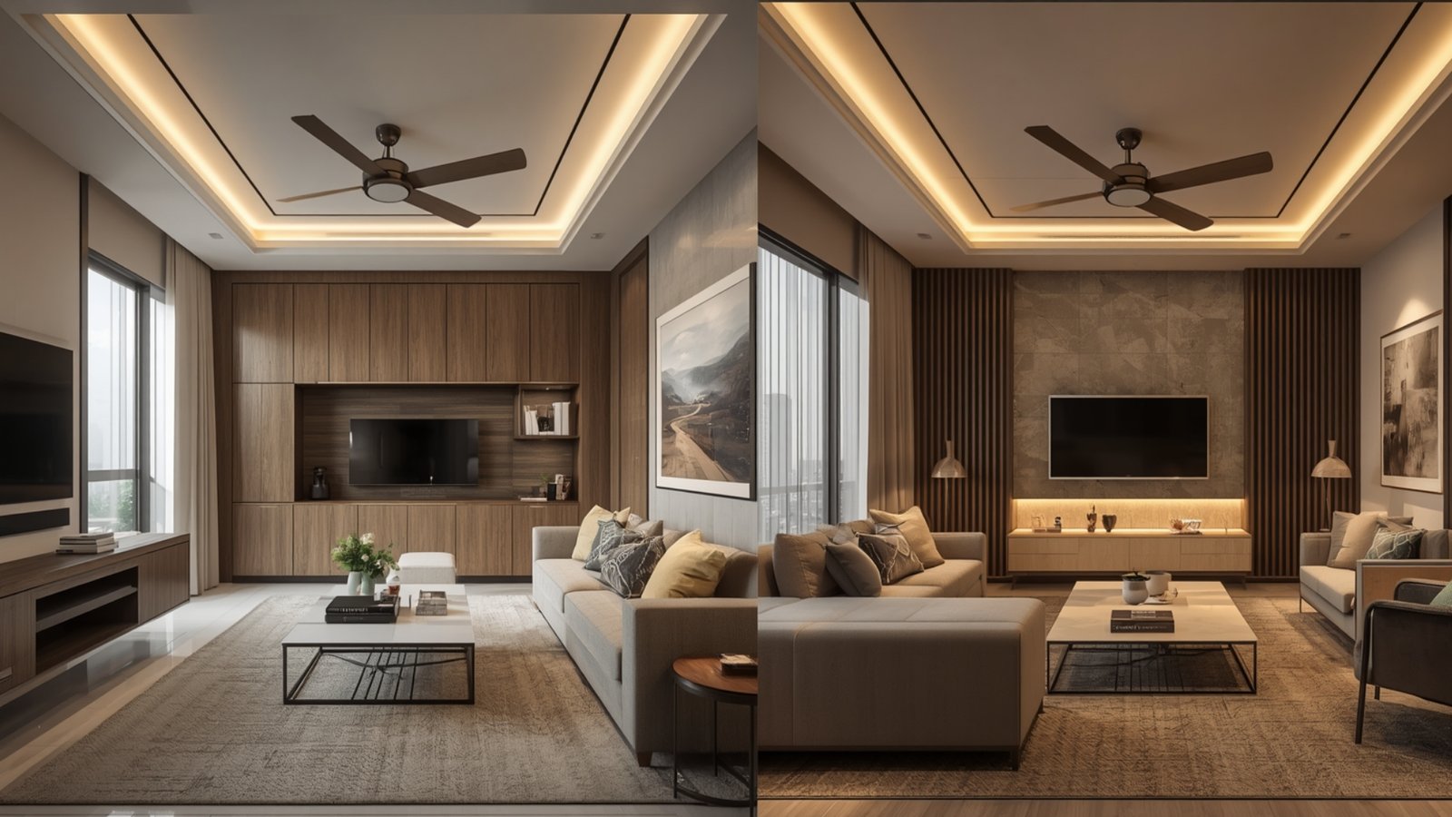 Modern 1BHK apartment interior in Andheri West featuring sliding partitions, customized storage, warm wood, and contemporary décor