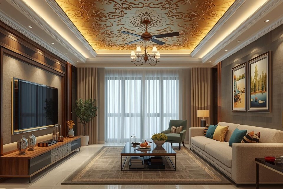 False ceiling lighting used selectively in a modern living room with recessed lights, ambient lighting, and elegant interior design