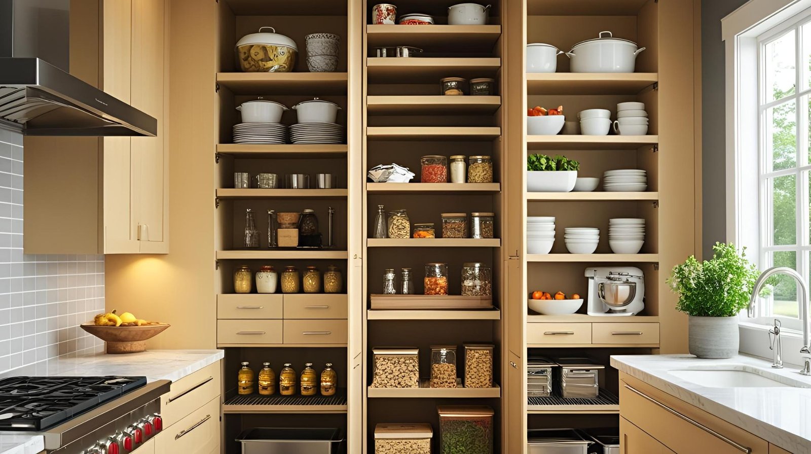 Install Pull-Out Pantry Units for modular kitchen space design saving