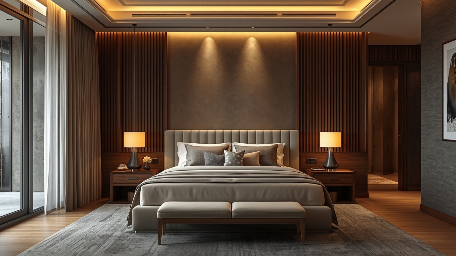 Calm master bedroom interior with soft neutral colors, natural wood furniture, warm lighting, and comfortable layered bedding