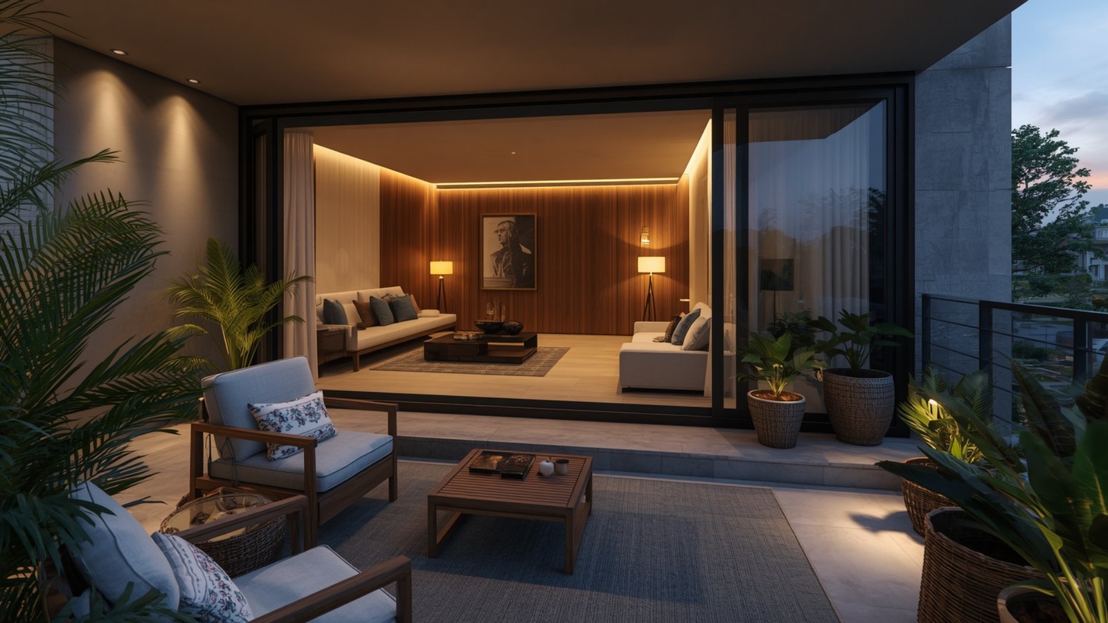 Balcony relaxation space with comfortable seating, indoor plants, warm lighting, natural textures, and stylish outdoor décor