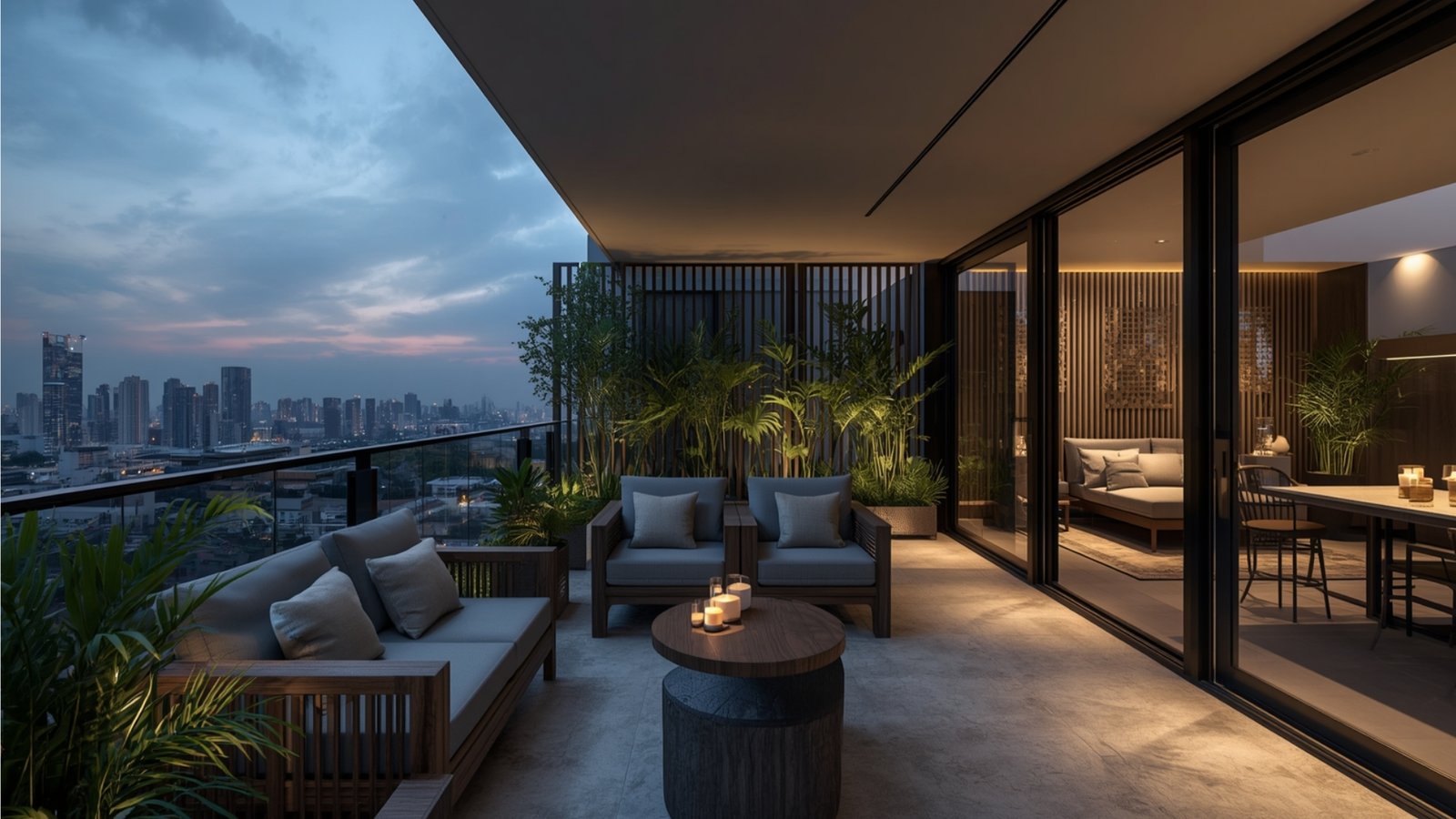 Balcony relaxation zone with comfortable seating, indoor plants, warm lighting, natural textures, and cozy home décor
