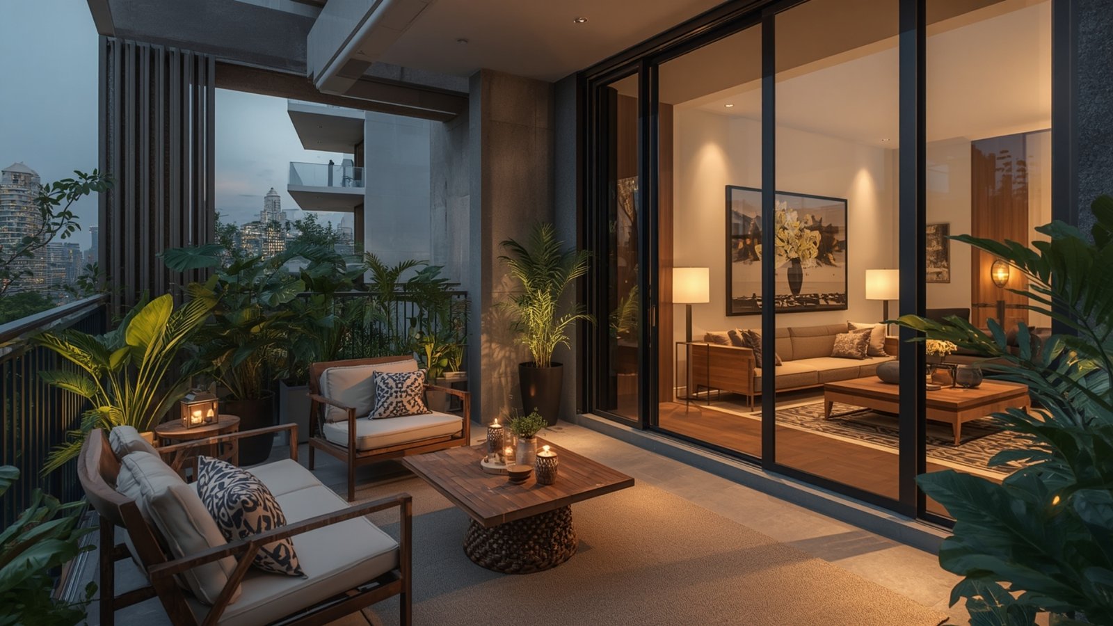 Balcony relaxation zone with comfortable seating, indoor plants, warm lighting, and natural dƩcor for a peaceful home