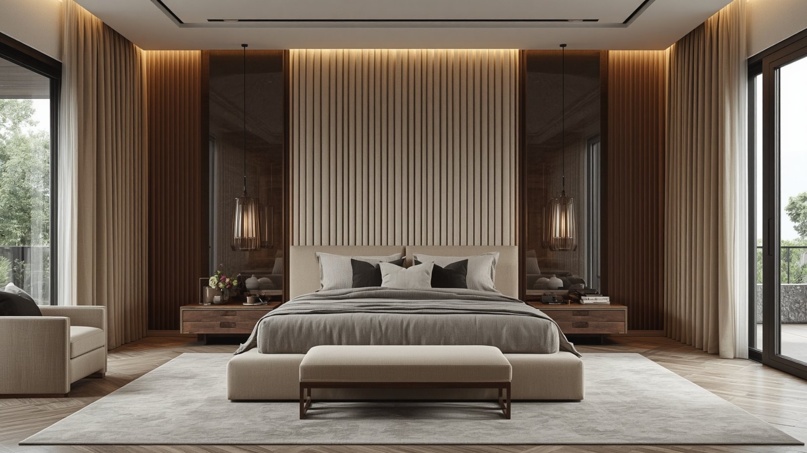 Boutique-hotel-inspired master bedroom with a luxury upholstered bed, layered lighting, textured walls, and elegant décor