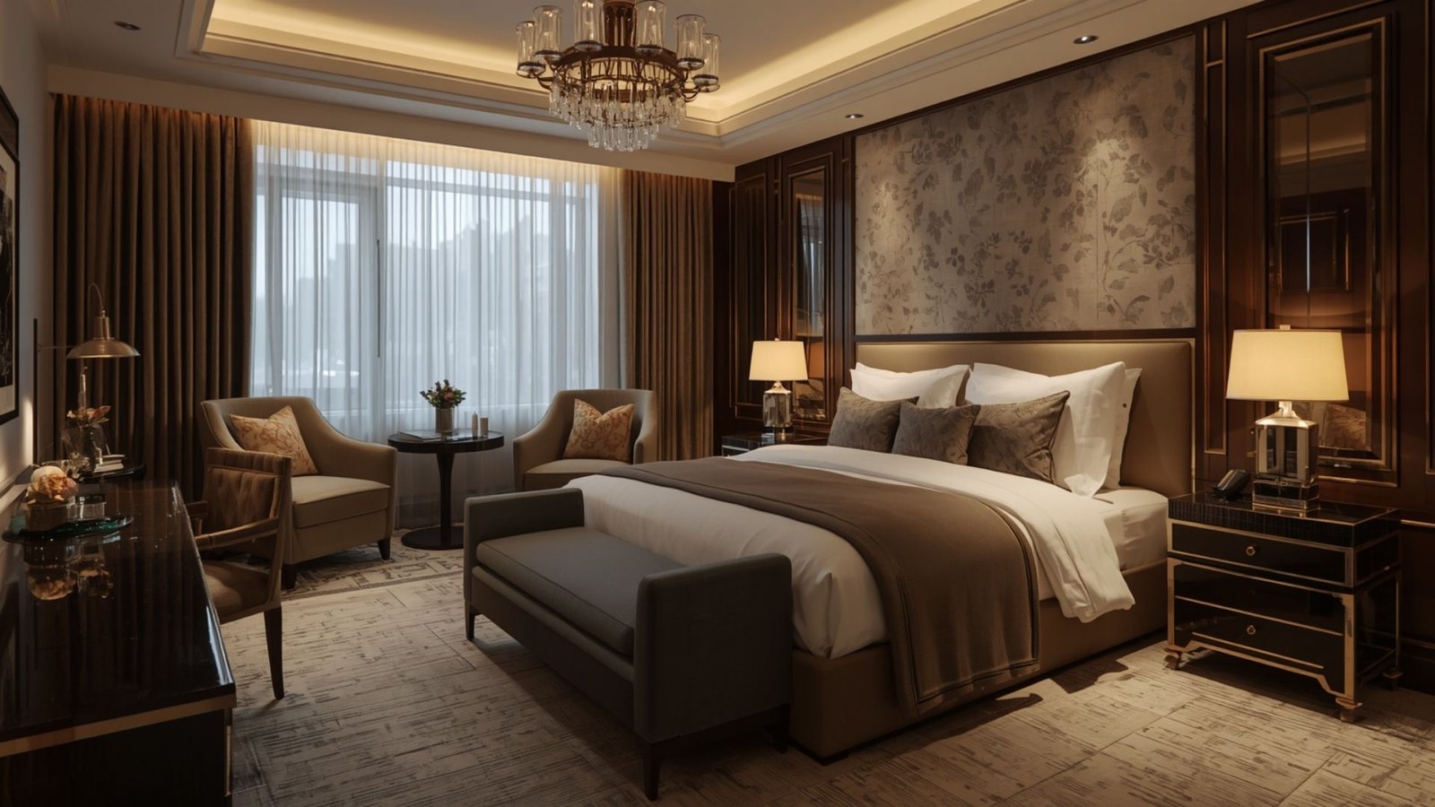 Boutique hotel-inspired master bedroom with a luxury upholstered bed, layered lighting, elegant décor, and premium finishes