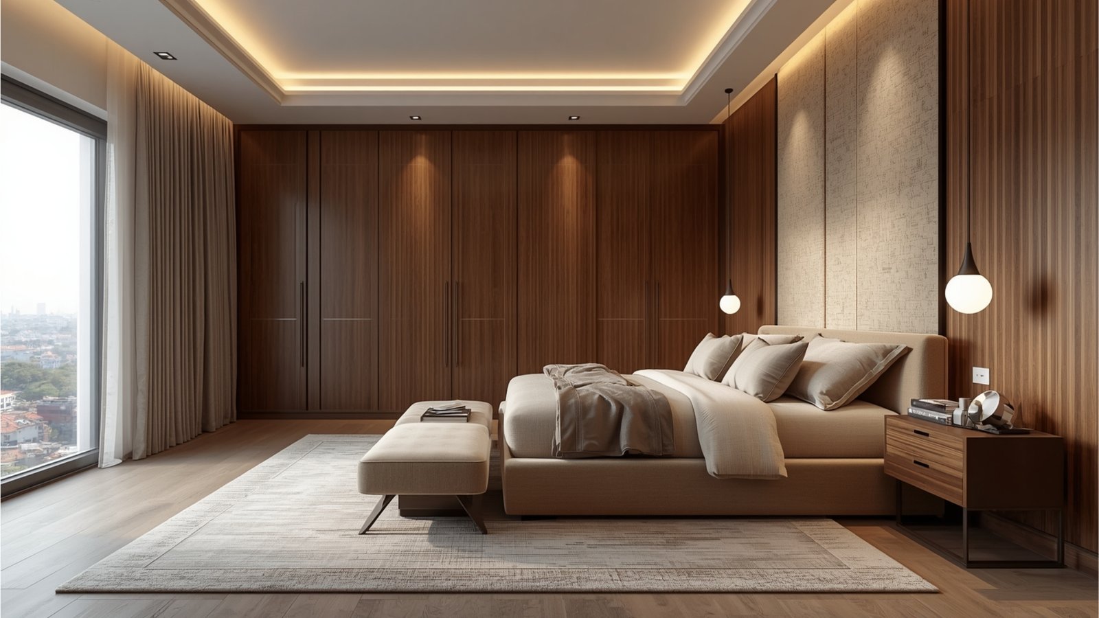 Calm master bedroom design with neutral colors, soft lighting, natural wood furniture, and cozy layered textures