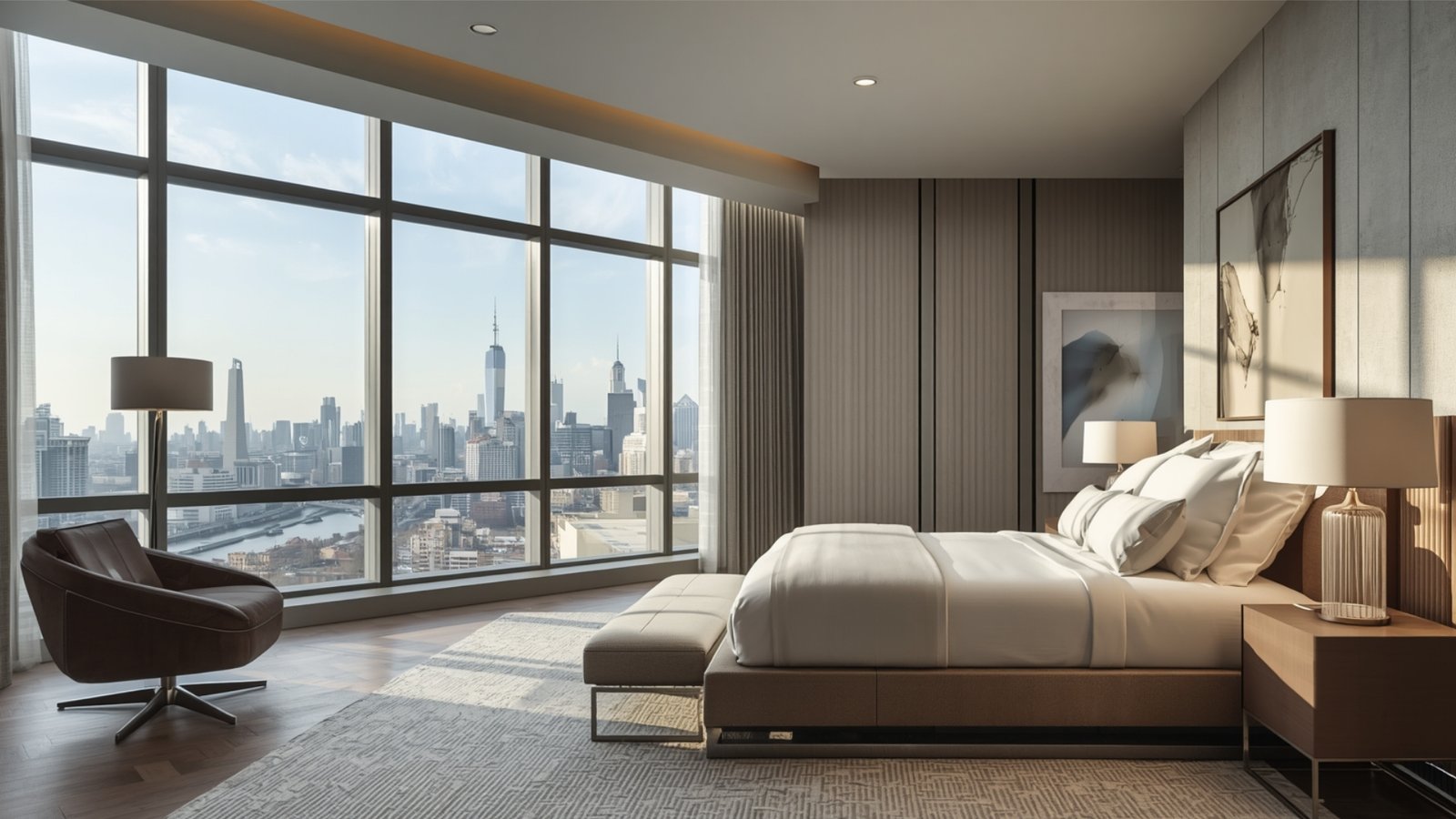 Calming master bedroom design with soft neutral colors, natural wood furniture, layered lighting, and cozy textiles