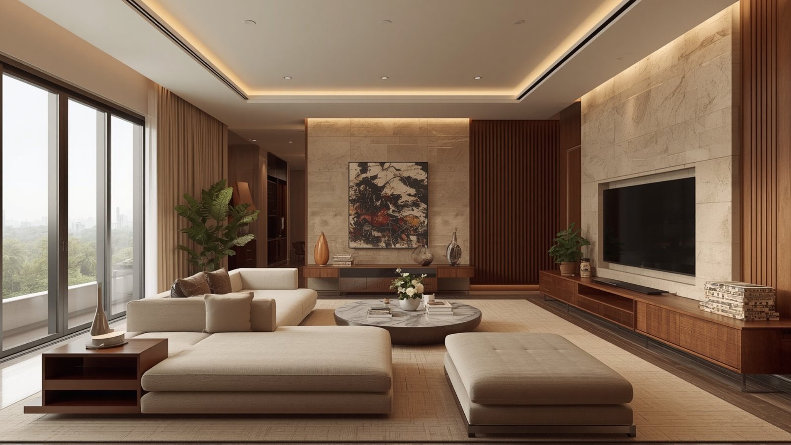 Clutter-free modern home interior with smart storage, minimal furniture, clean surfaces, and organized décor