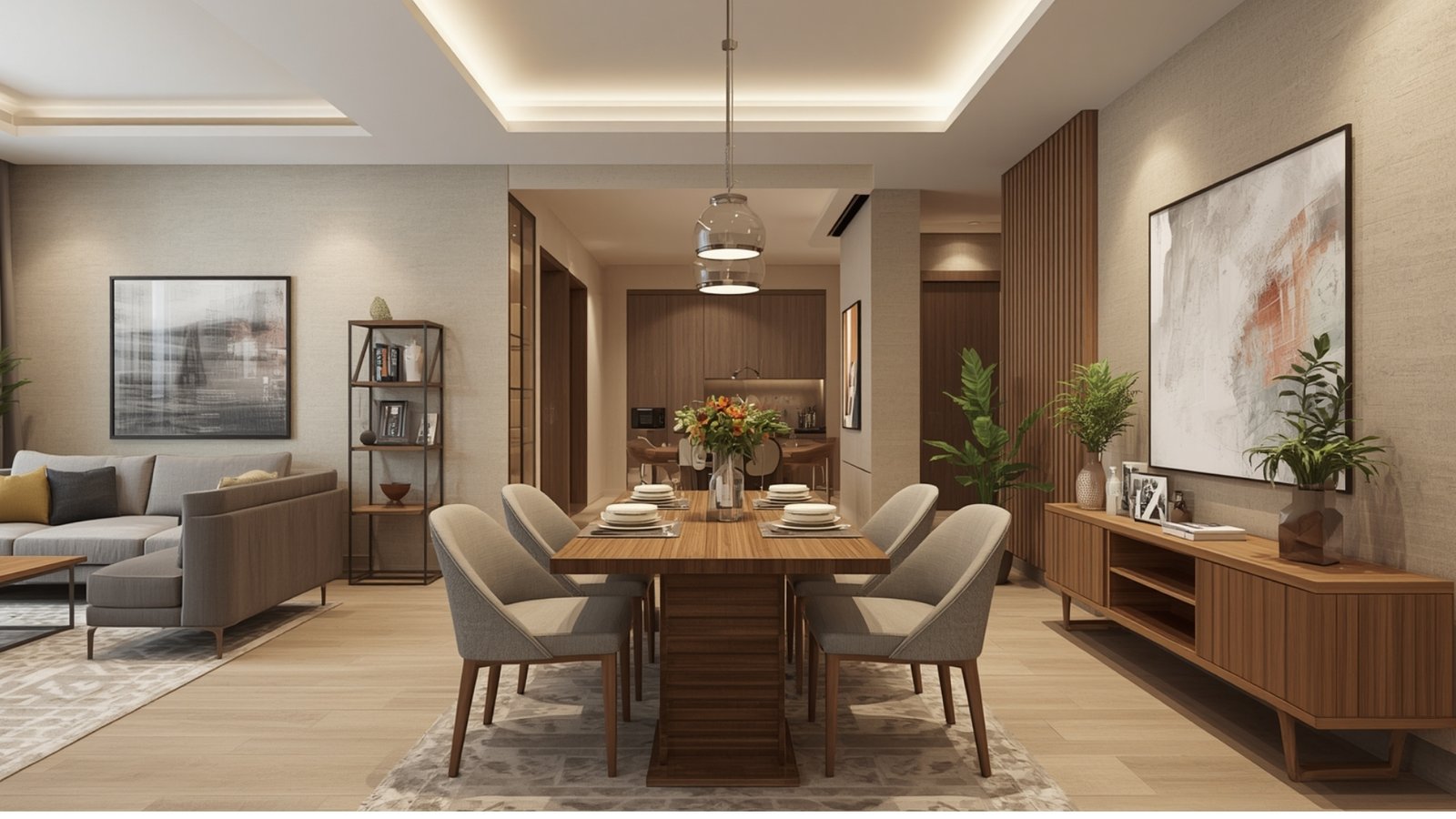 Comfortable dining area with modern Indian luxury design, natural wood furniture, upholstered chairs, elegant lighting, and warm décor