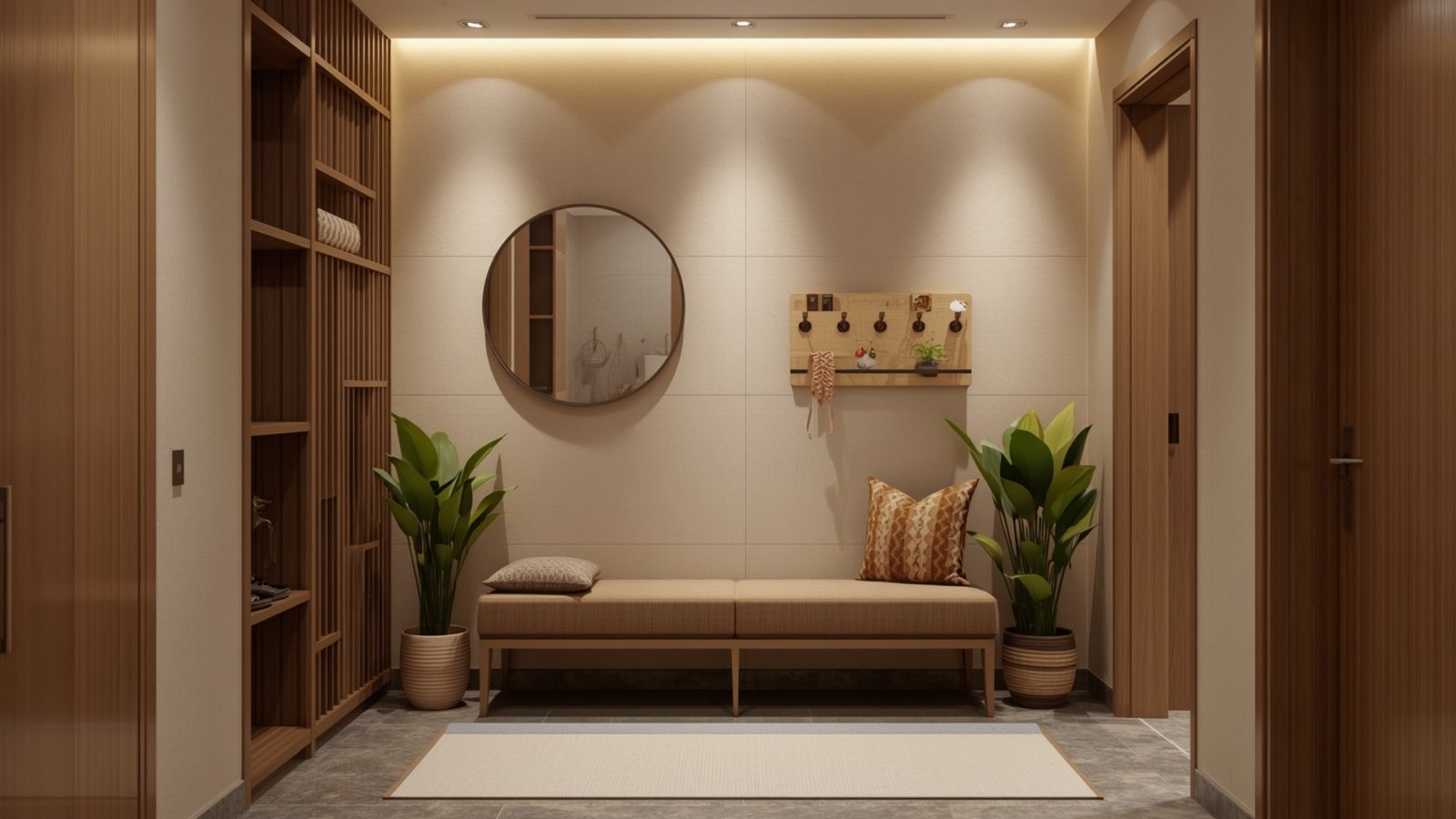 Compact entrance design for a small Indian home with a slim console, wall mirror, shoe storage, and stylish décor