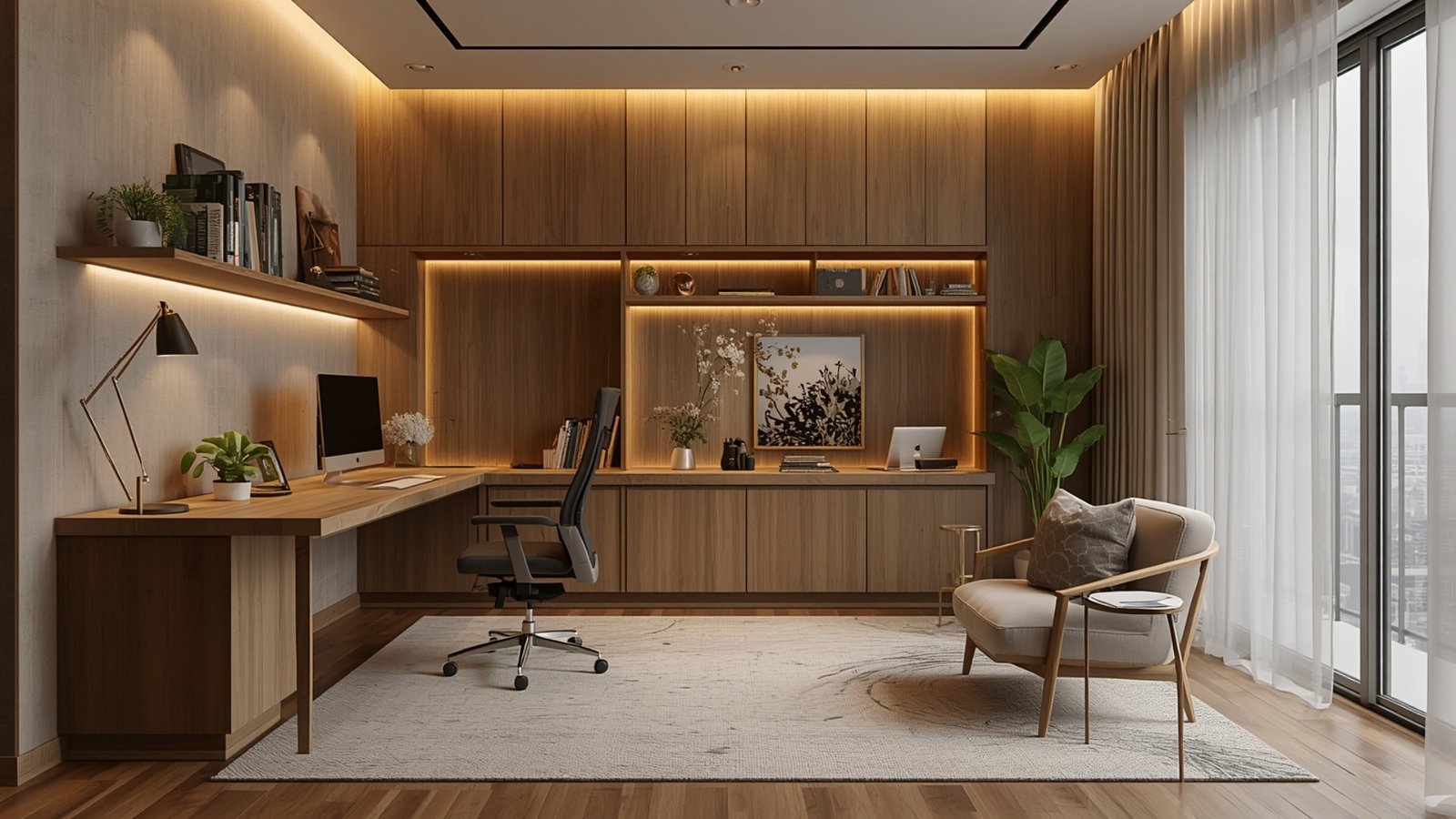 Compact home office design with space-saving furniture, built-in storage, ergonomic desk, and modern décor