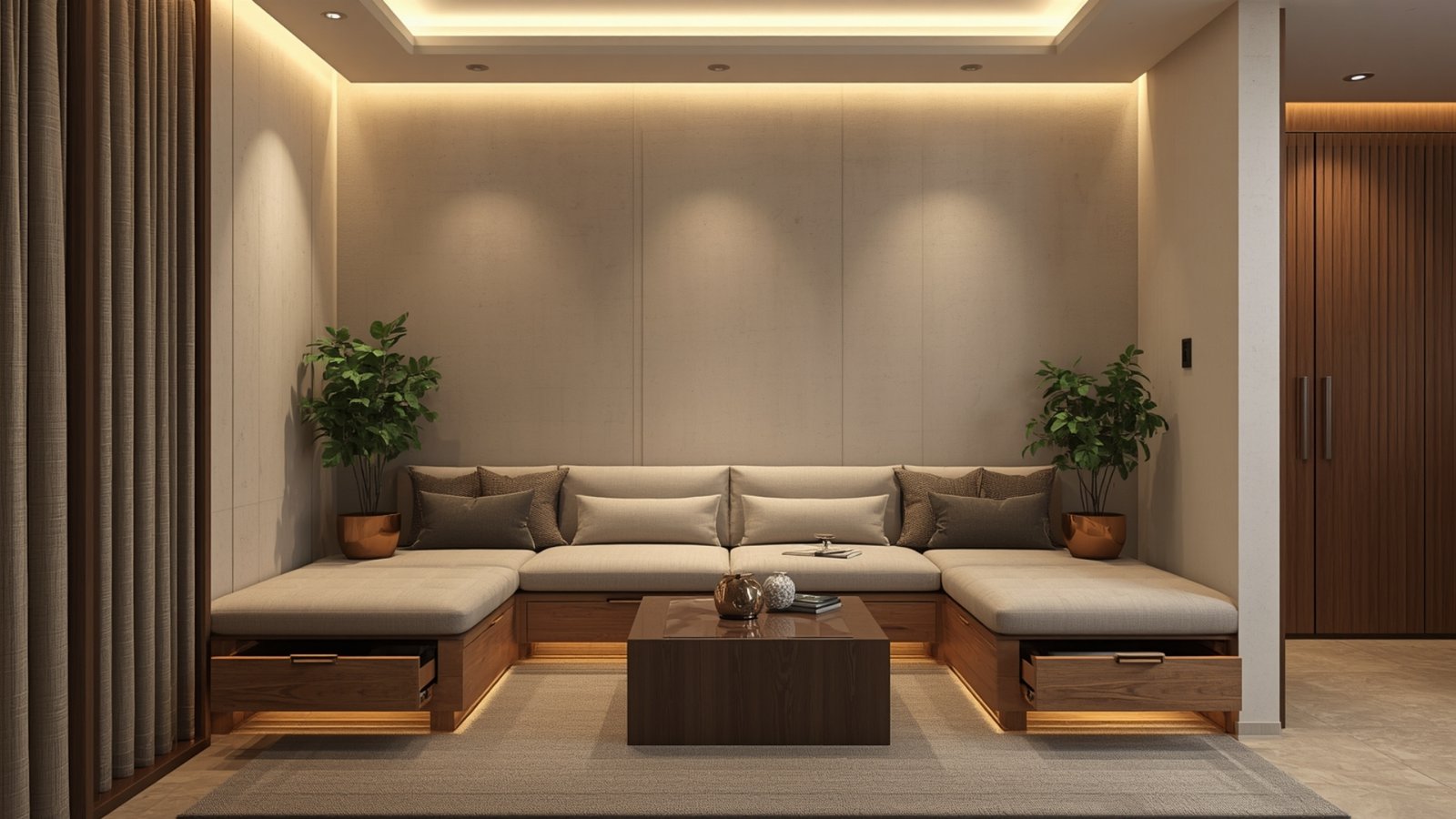 Custom built-in storage designed for an awkward corner in a modern Indian living room