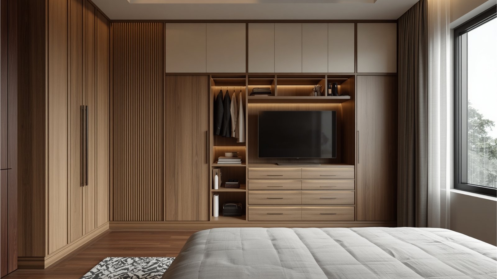 Custom wardrobe design in Andheri featuring floor-to-ceiling storage, sliding doors, and modern bedroom interiors