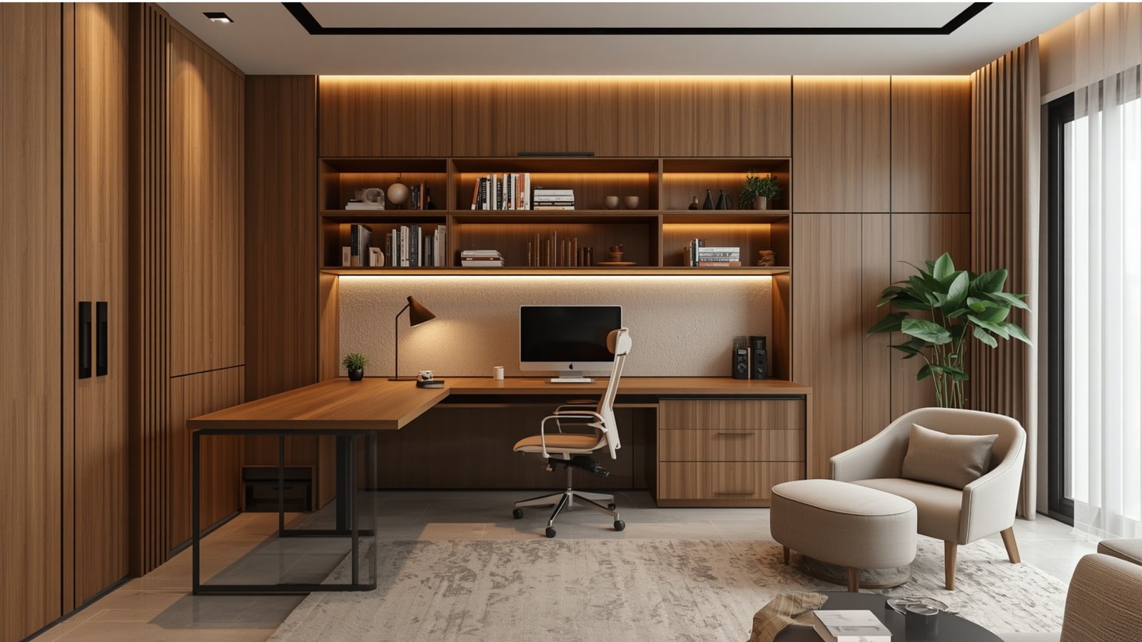 Dedicated home office design with an ergonomic desk, comfortable chair, smart storage, natural light, and modern dƩcor