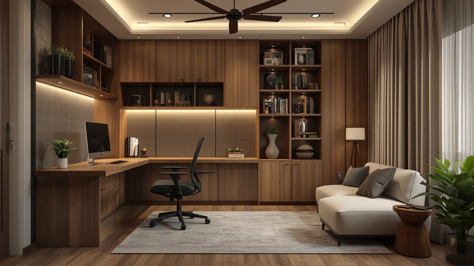 Dedicated work zone in a modern Indian home with a compact desk, ergonomic chair, smart storage, and focused lighting