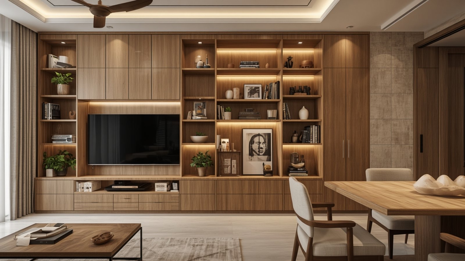 Floor-to-ceiling storage cabinets in a modern living room providing smart space-saving storage and a clean contemporary look