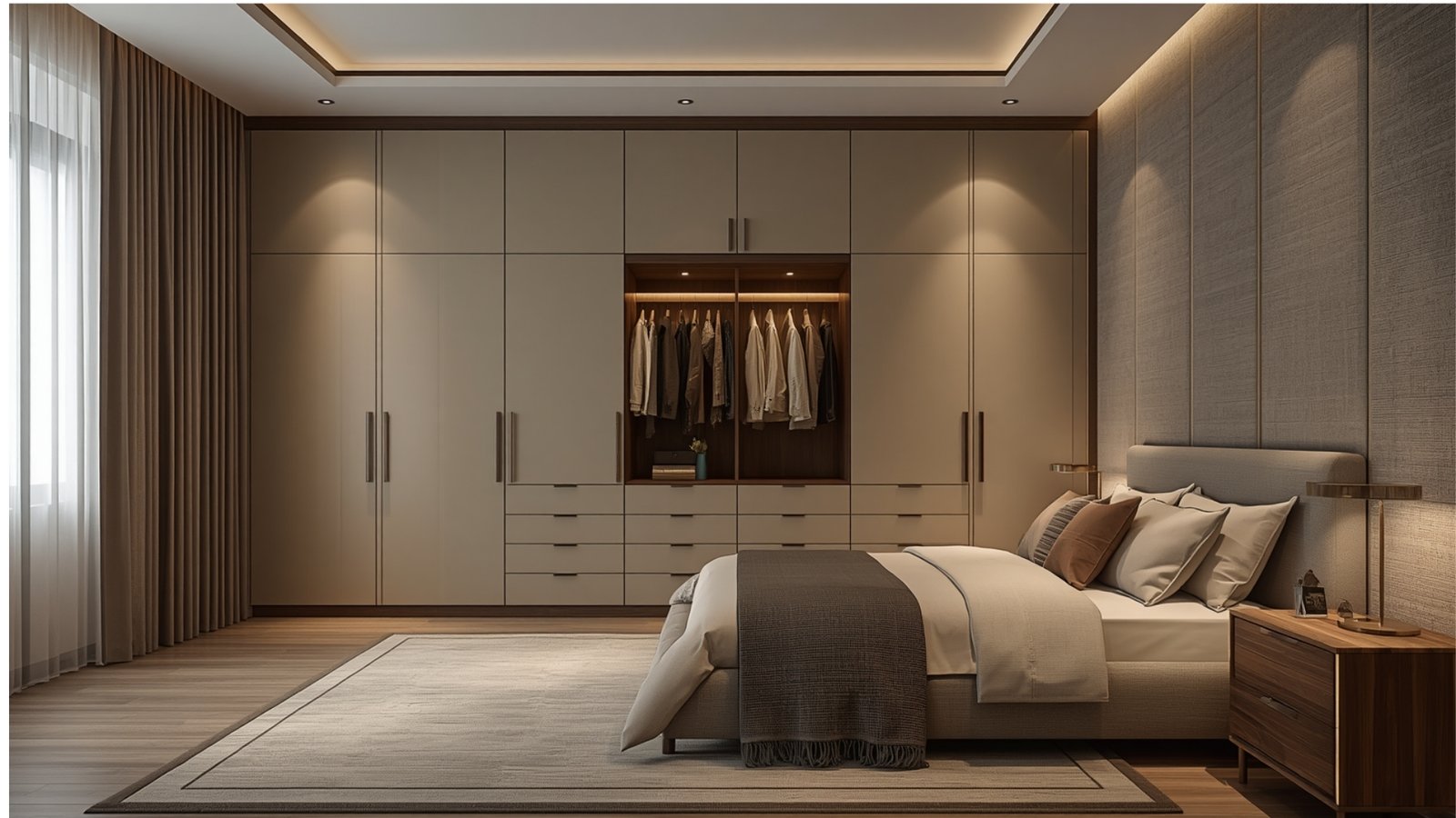 Full-height storage design for a modern luxury apartment with floor-to-ceiling cabinets and customized storage solutions