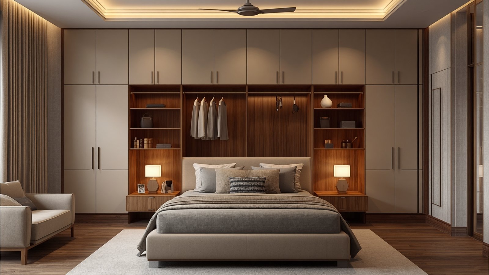 Full-height wardrobe design with floor-to-ceiling storage, sliding doors, and customized bedroom organization