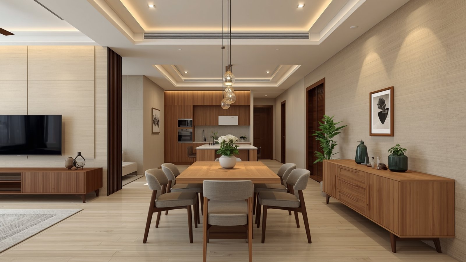 Functional dining area in a luxury Andheri apartment with a modern dining table, comfortable chairs, stylish lighting, and smart space planning