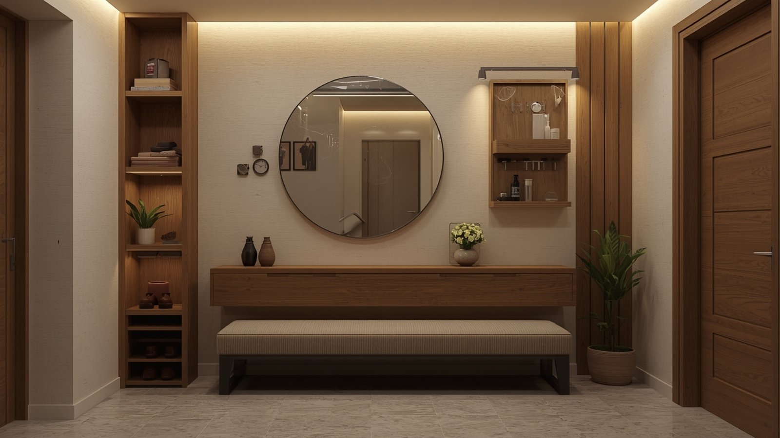 Functional entrance design with smart storage, shoe cabinets, seating, mirrors, and stylish home dƩcor