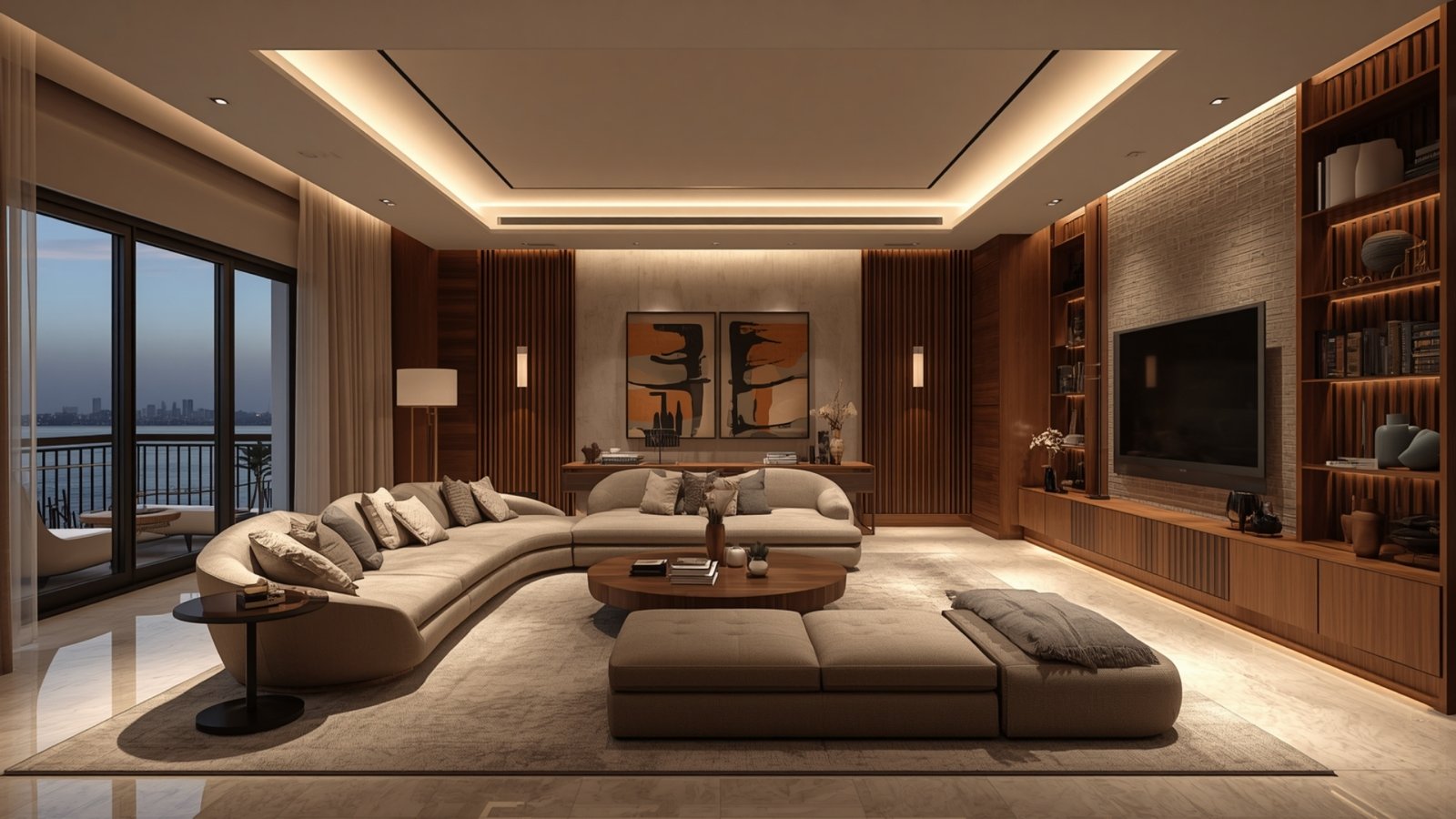 Functional living room design with comfortable furniture, smart storage, layered lighting, and efficient space planning
