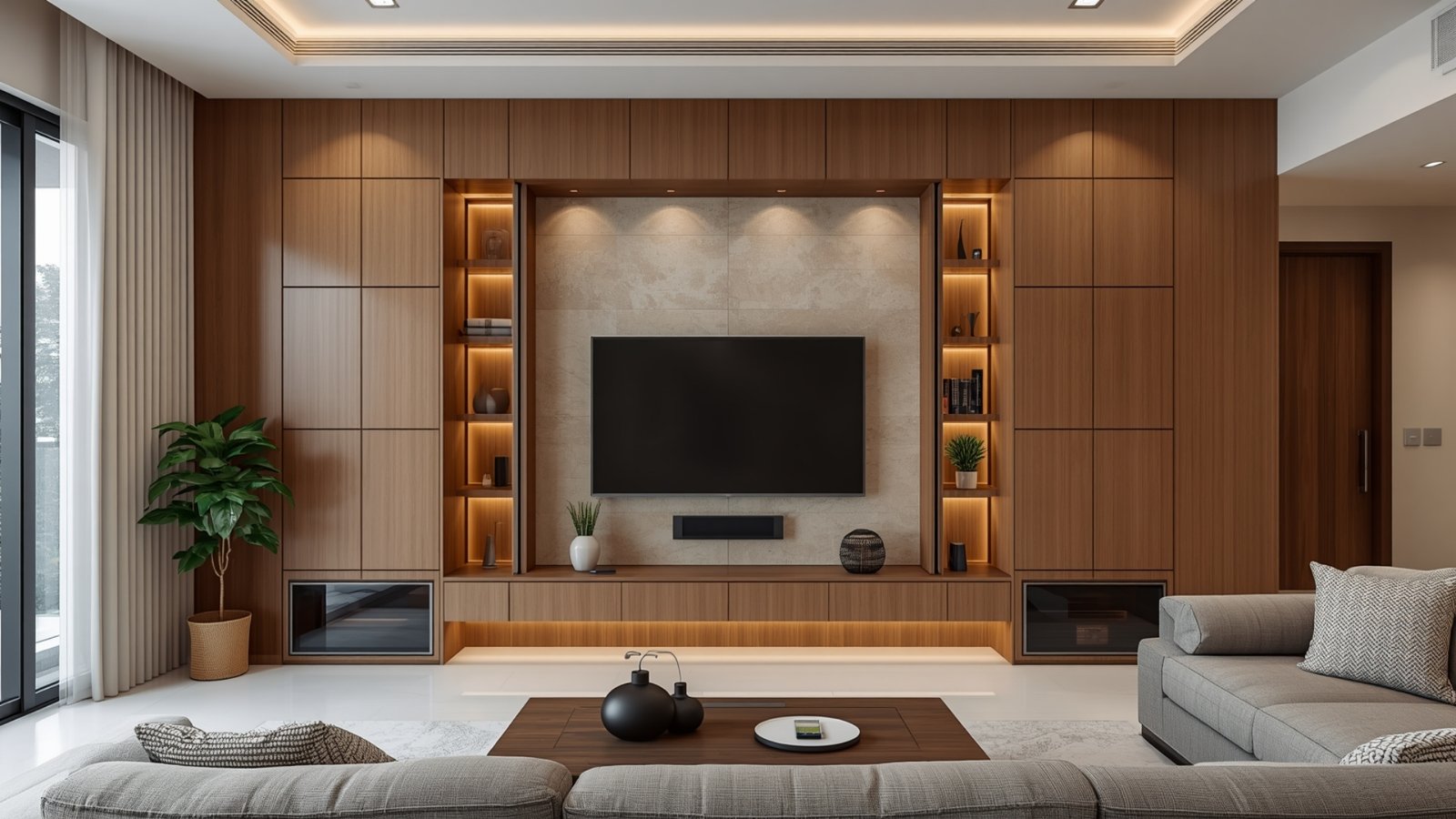 Functional TV wall design for a modern Indian living room with built-in storage, natural wood, marble, and concealed lighting
