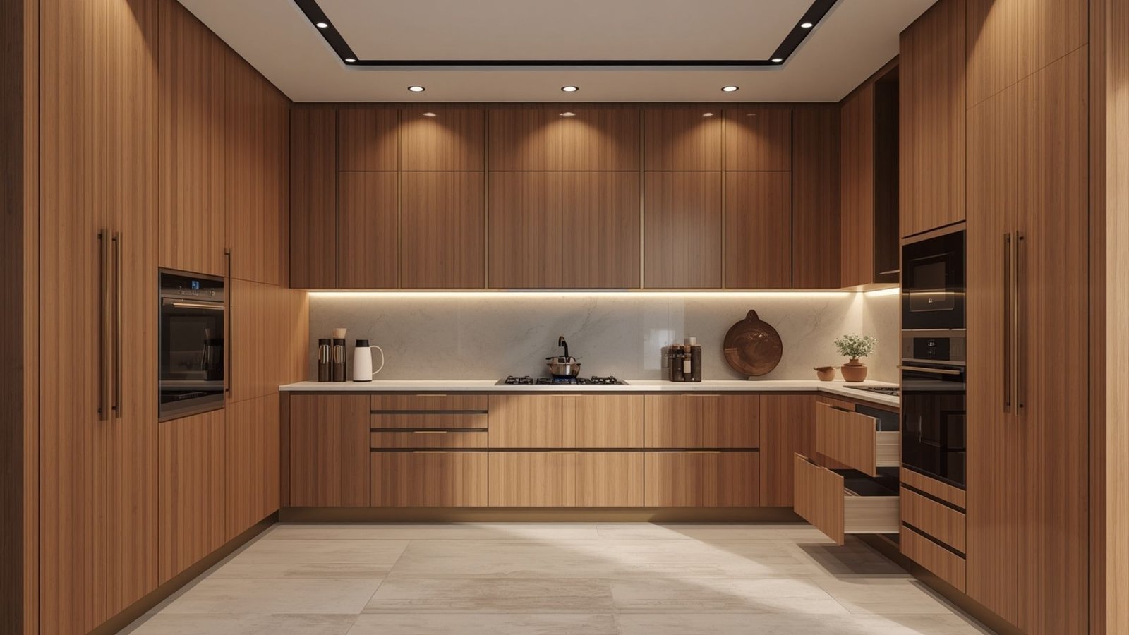 High-end modular kitchen with premium cabinets, quartz countertops, built-in appliances, and sophisticated modern finishes