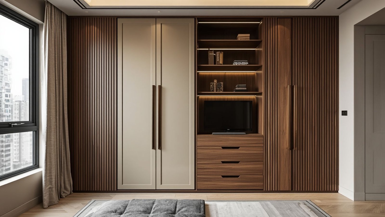 High-function luxury wardrobe with customized storage, premium finishes, integrated lighting, and organized compartments
