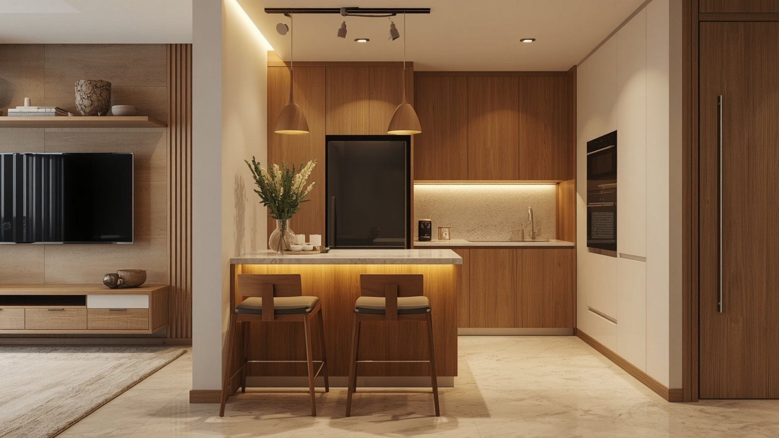 Modern kitchen breakfast counter with stylish bar stools, countertop seating, pendant lighting, and functional storage