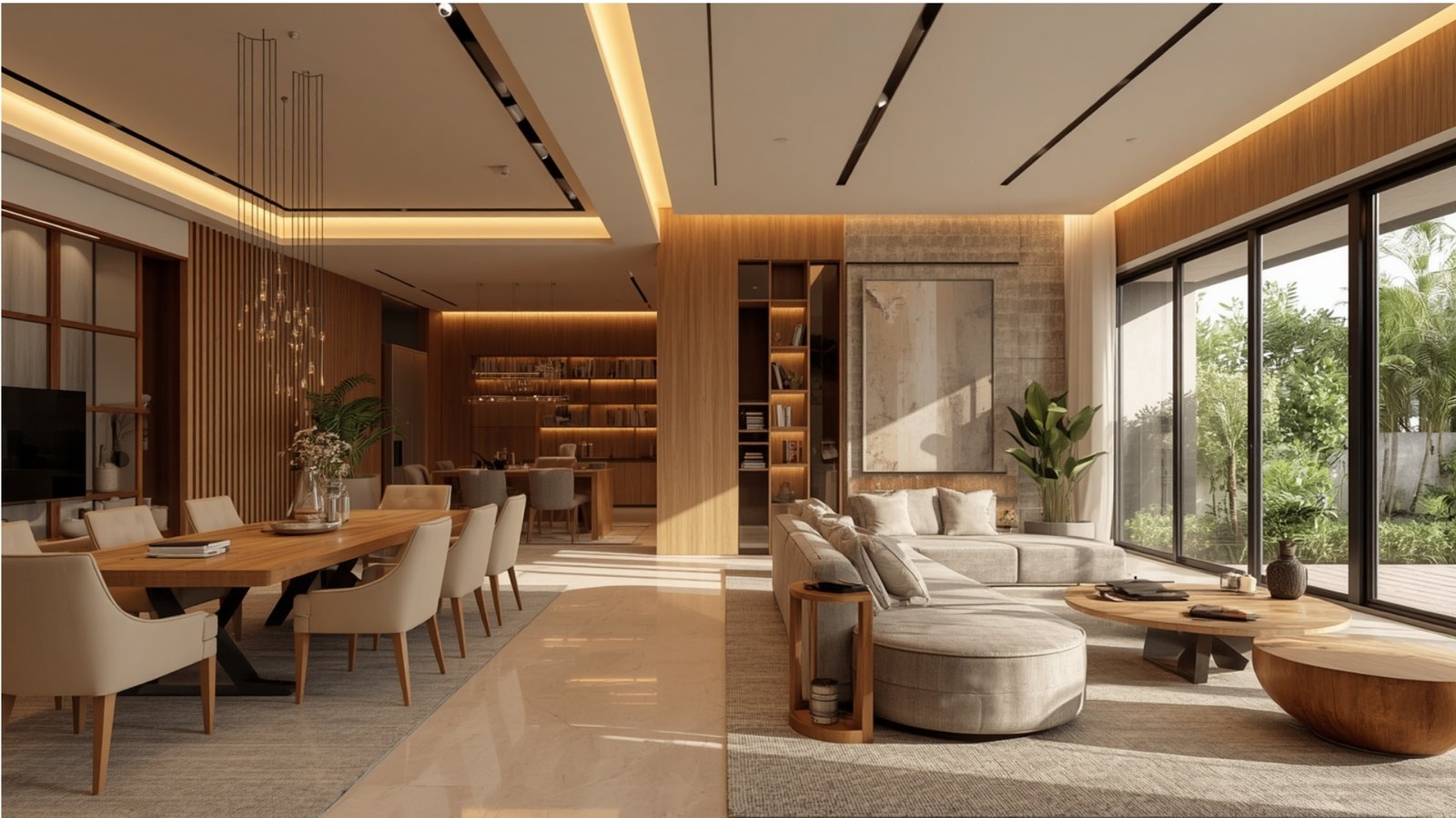 Layered lighting in a luxury Andheri apartment using ambient, task, and accent lighting for a warm modern interior