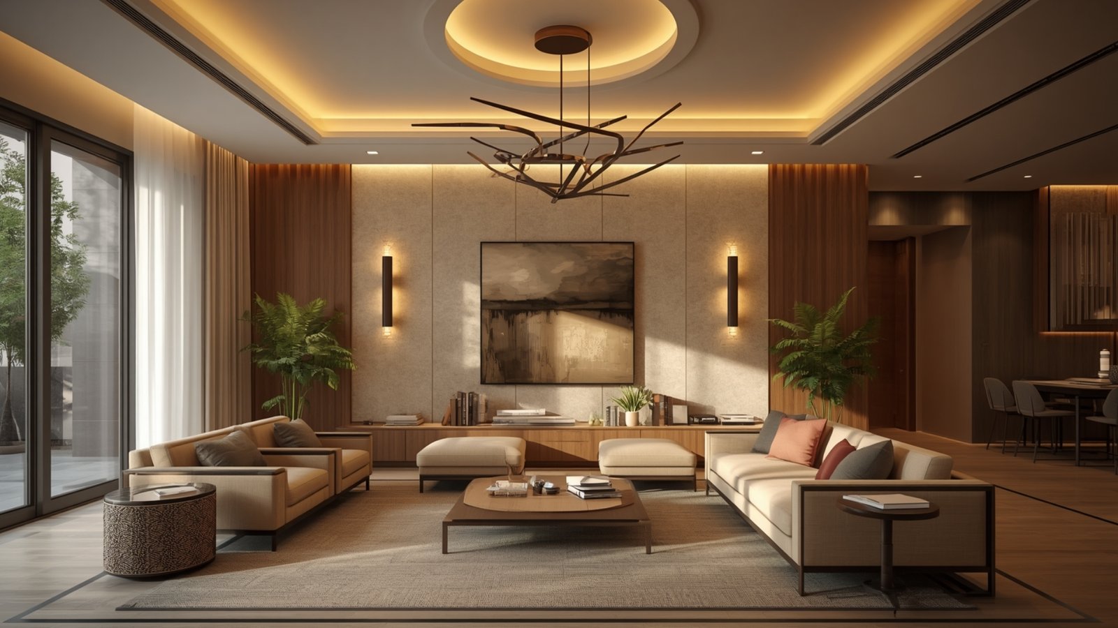 Layered lighting in a modern home combining ambient, task, and accent lighting for a warm and functional interior