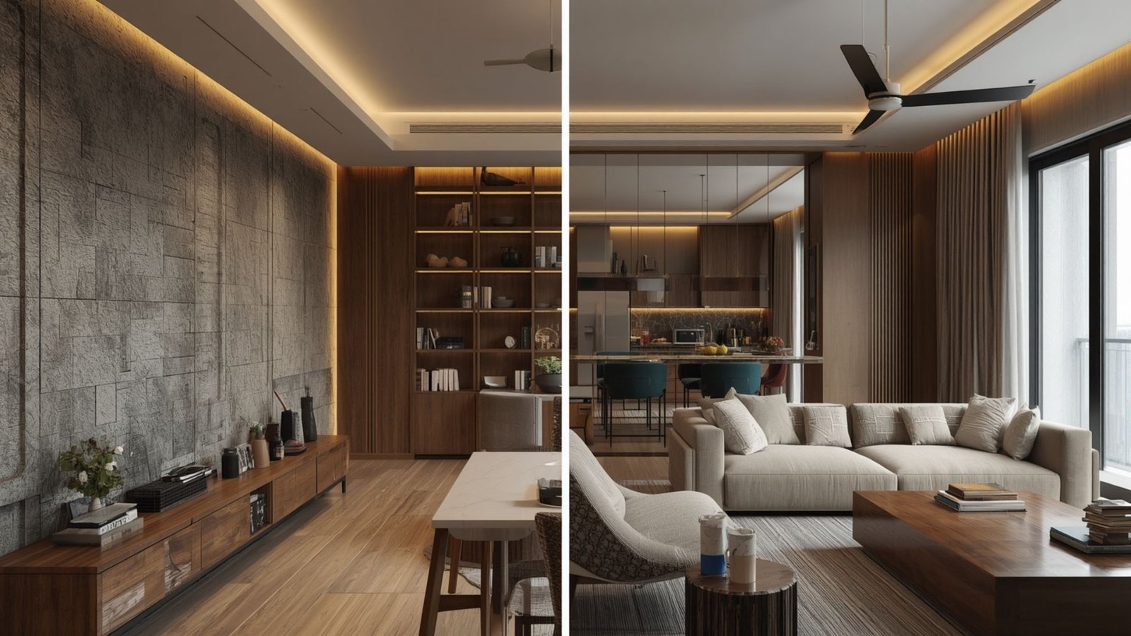 Layered lighting system for a modern home combining ambient, task, and accent lighting for a balanced interior