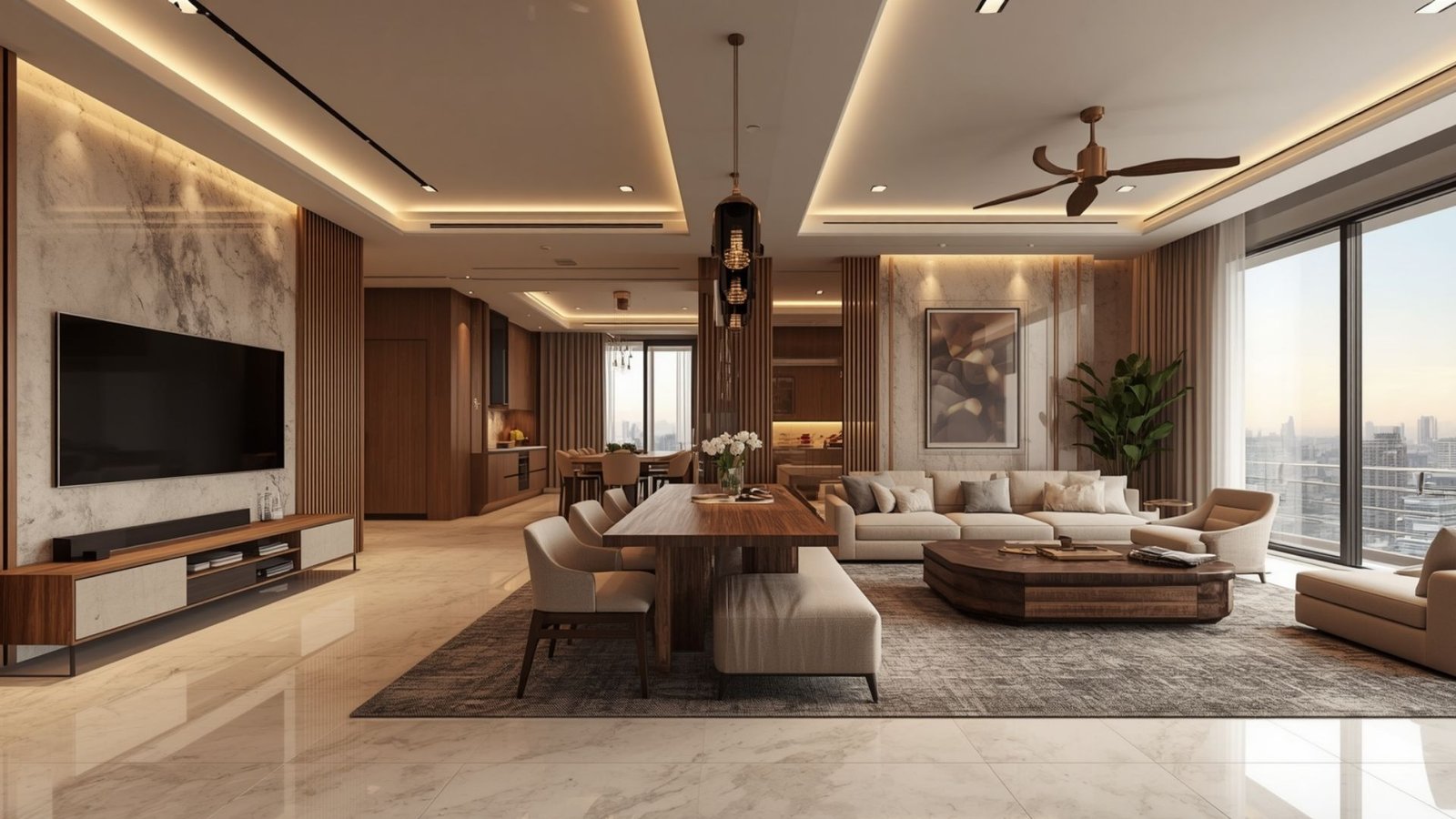 Luxury 2BHK apartment interior in Andheri with space-saving furniture, customized storage, warm lighting, and modern décor