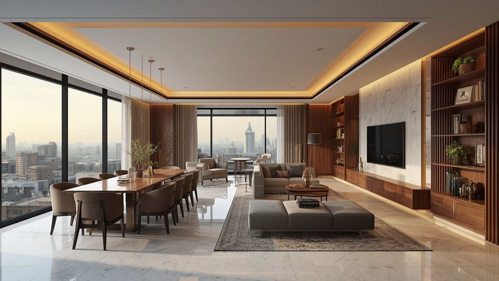 Modern luxury 3BHK living room in Andheri featuring bespoke furniture, textured walls, natural wood, and layered lighting