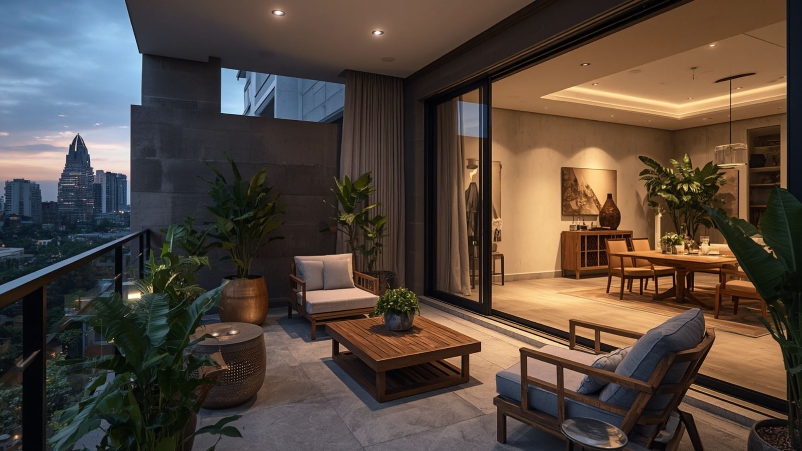Luxury balcony relaxation zone with comfortable outdoor furniture, ambient lighting, greenery, and elegant décor