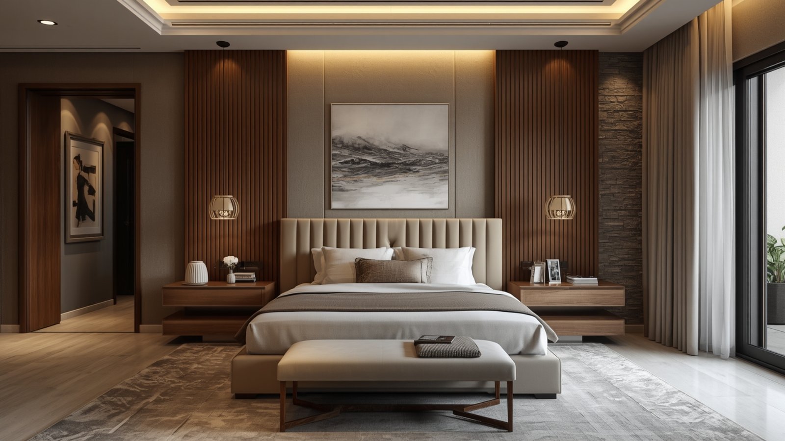Luxury master bedroom inspired by boutique hotels featuring premium bedding, upholstered headboard, warm lighting, and sophisticated décor