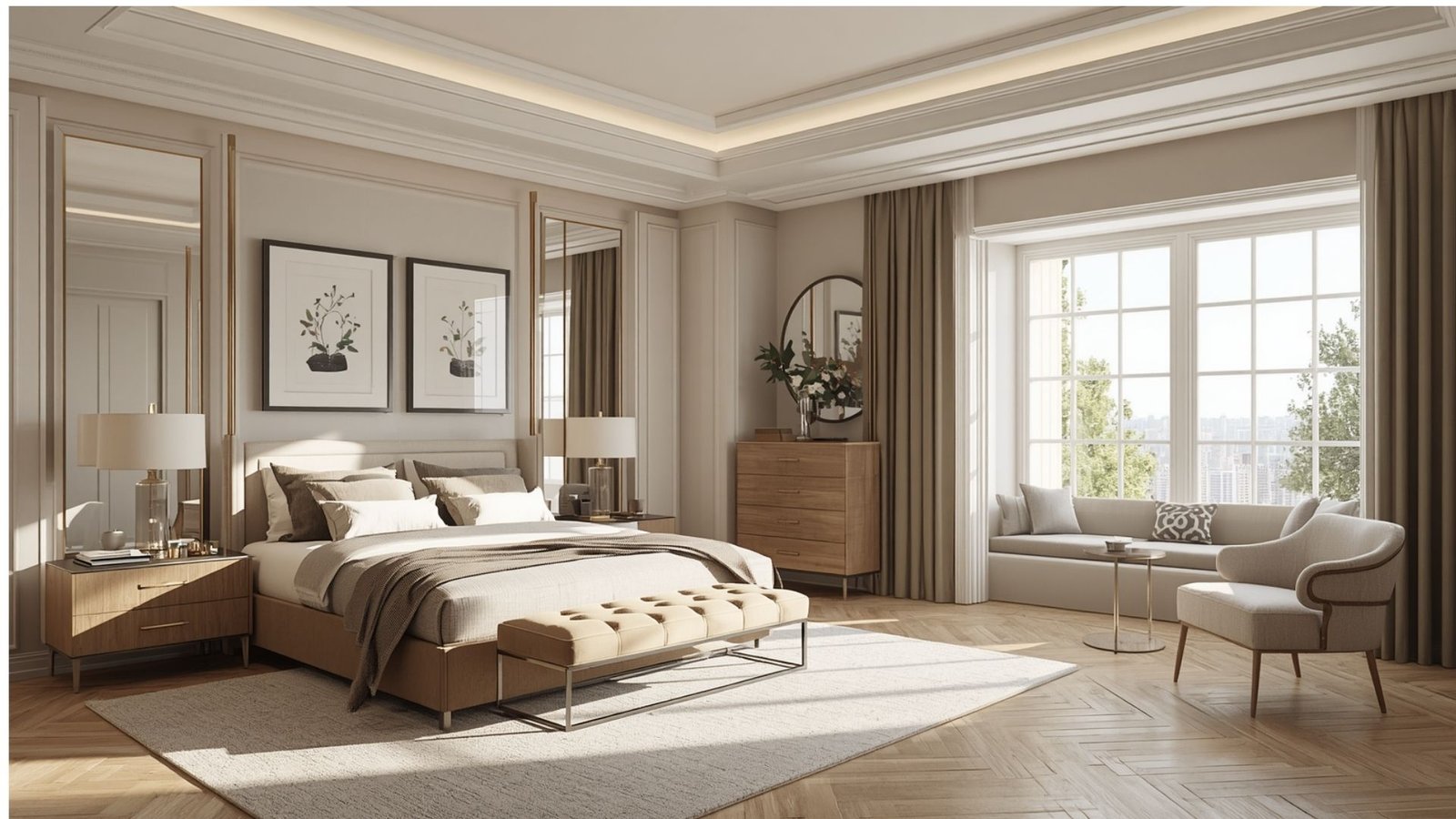 Luxury master bedroom inspired by boutique hotels featuring an upholstered headboard, soft lighting, textured walls, and elegant furniture