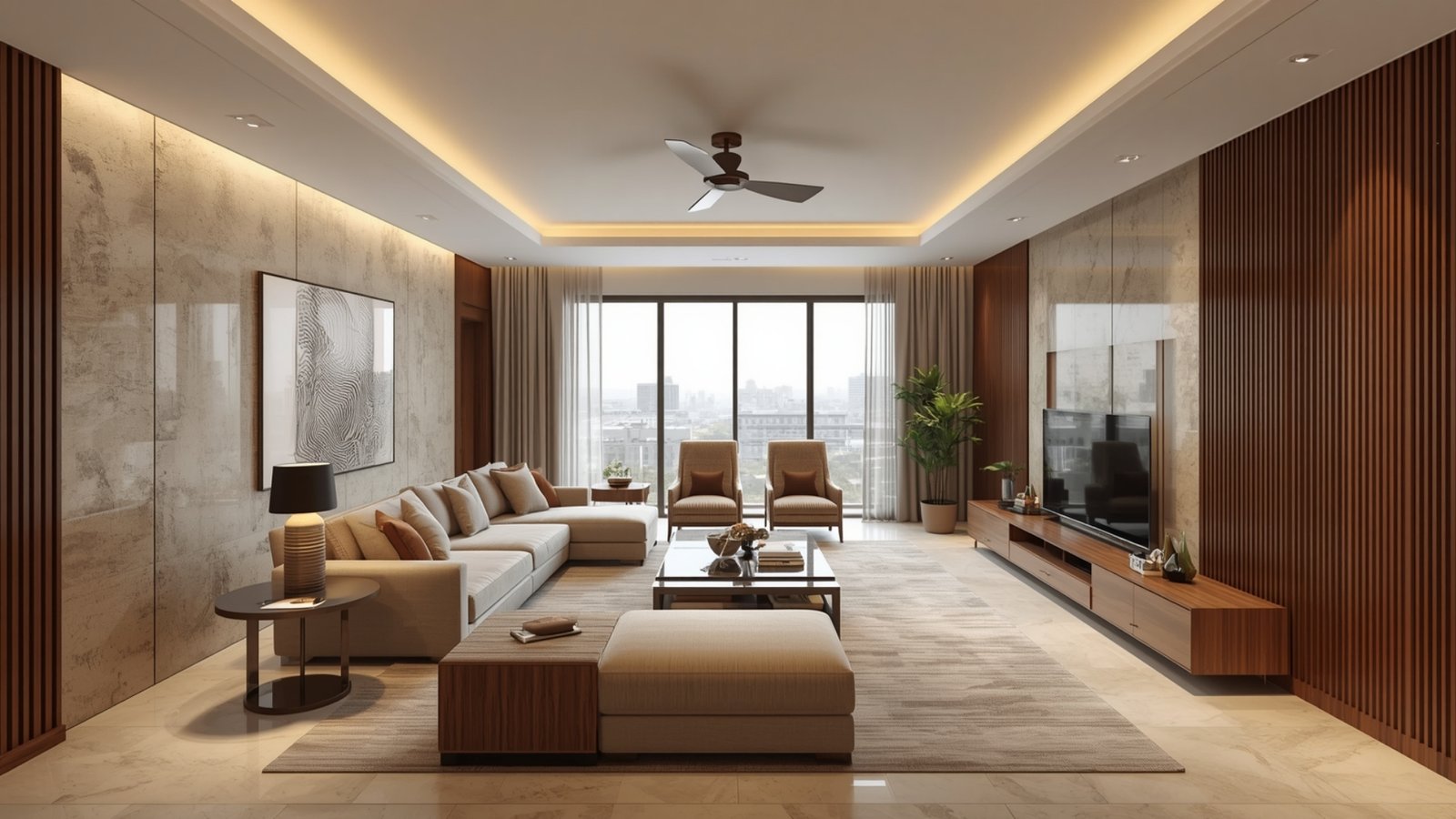 Luxury interior design styles for Thane apartments featuring modern Indian décor, natural wood, marble, and elegant lighting