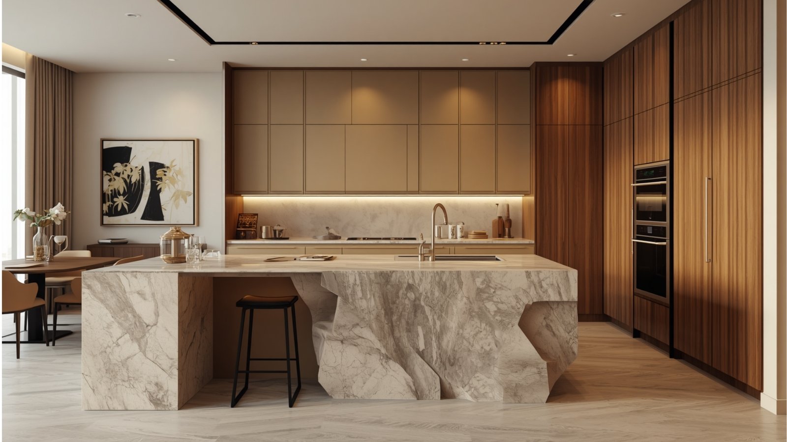 Luxury modern Indian modular kitchen featuring custom cabinets, marble backsplash, warm wood finishes, brass hardware, and built-in appliances