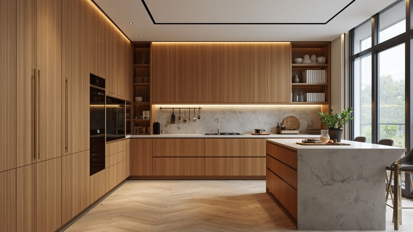 Luxury modular kitchen featuring custom cabinetry, natural stone countertops, integrated appliances, and elegant lighting