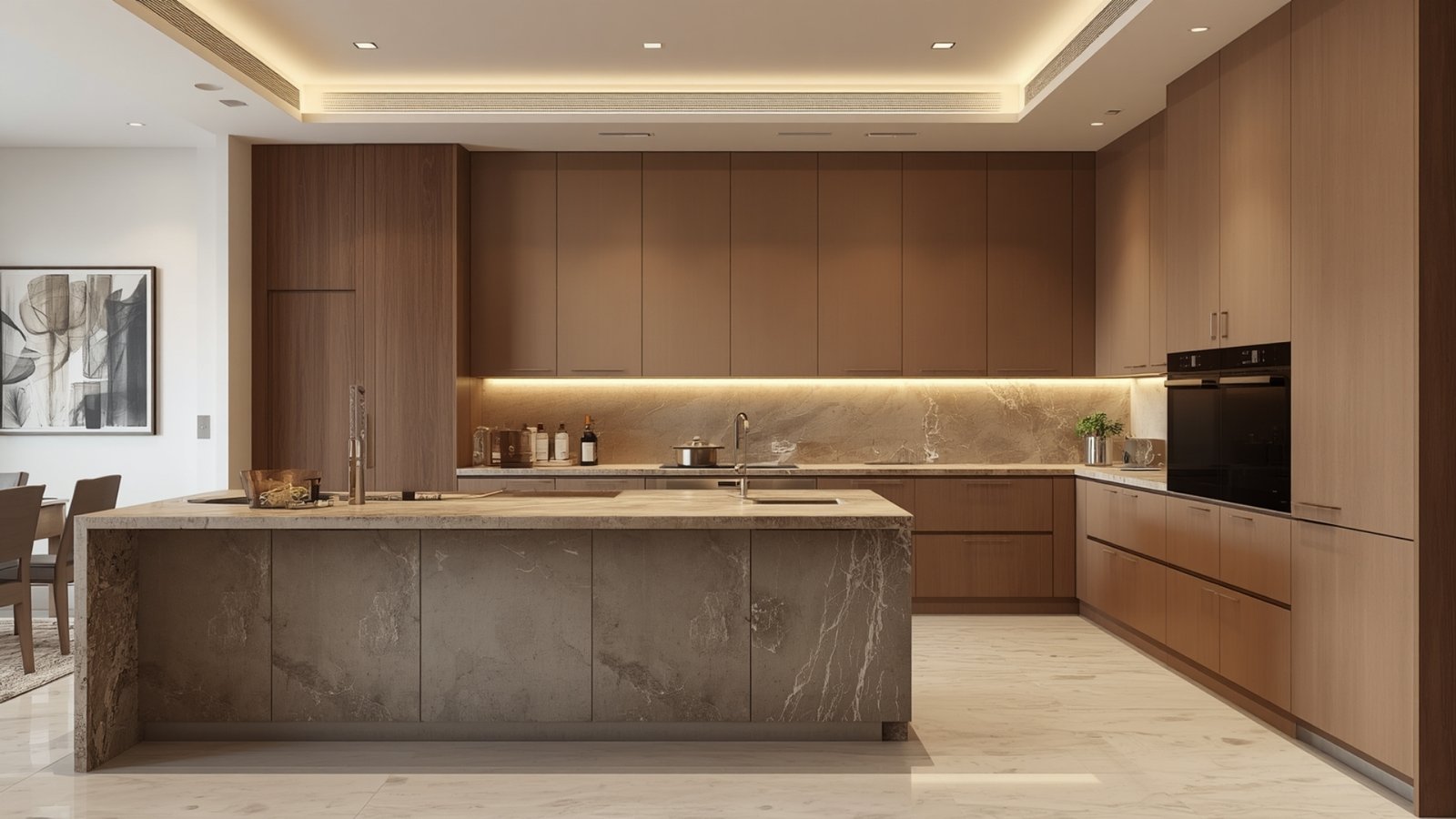 Luxury modular kitchen in a modern Indian home featuring sleek cabinetry, marble countertops, wood finishes, and pendant lighting