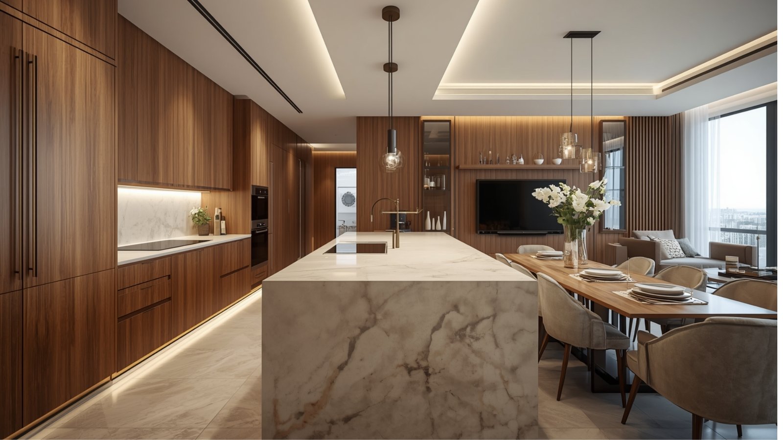 Modern breakfast counter design for an Indian kitchen with stylish stools, compact storage, and functional lighting