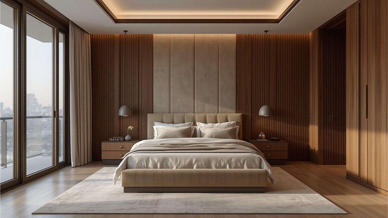 Modern master bedroom with warm neutral tones, upholstered bed, natural wood furniture, soft curtains, and ambient lighting