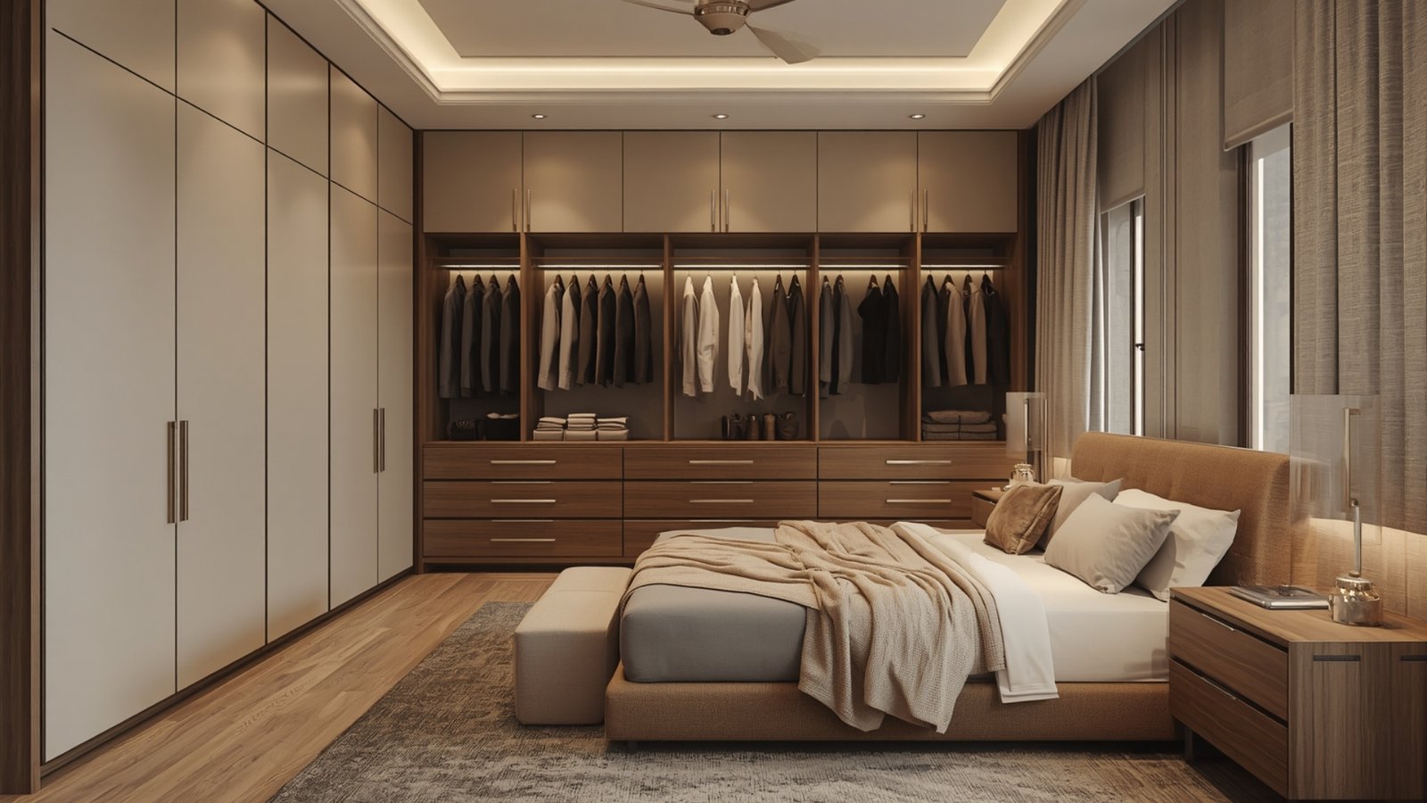 Modern full-height wardrobe featuring floor-to-ceiling cabinets, concealed storage, drawers, and hanging sections